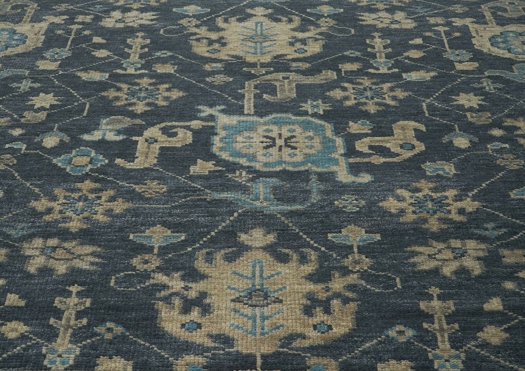 12x15 Blue, Beige, Moss Color Hand Knotted Oushak Wool Arts and Crafts Oriental Rug