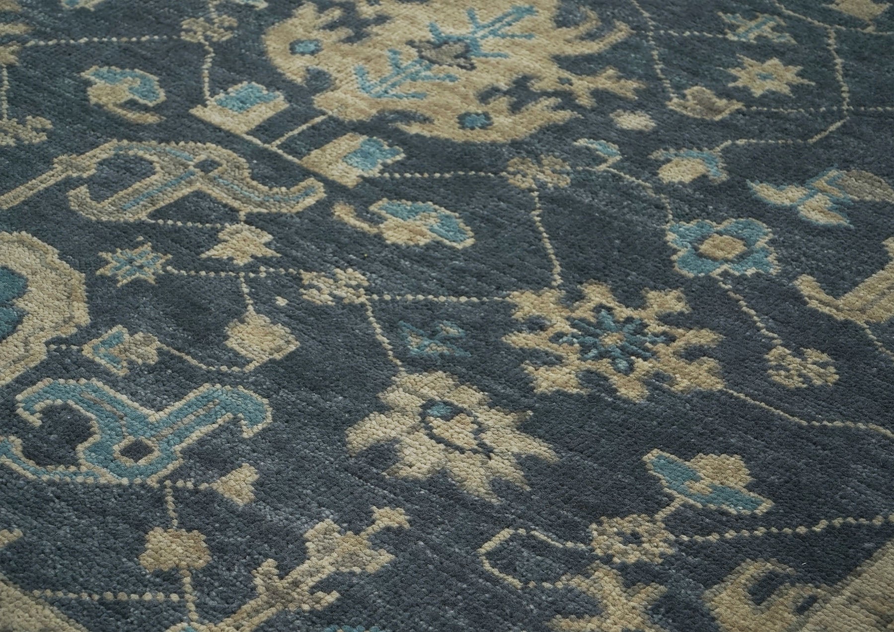 12x15 Blue, Beige, Moss Color Hand Knotted Oushak Wool Arts and Crafts Oriental Rug