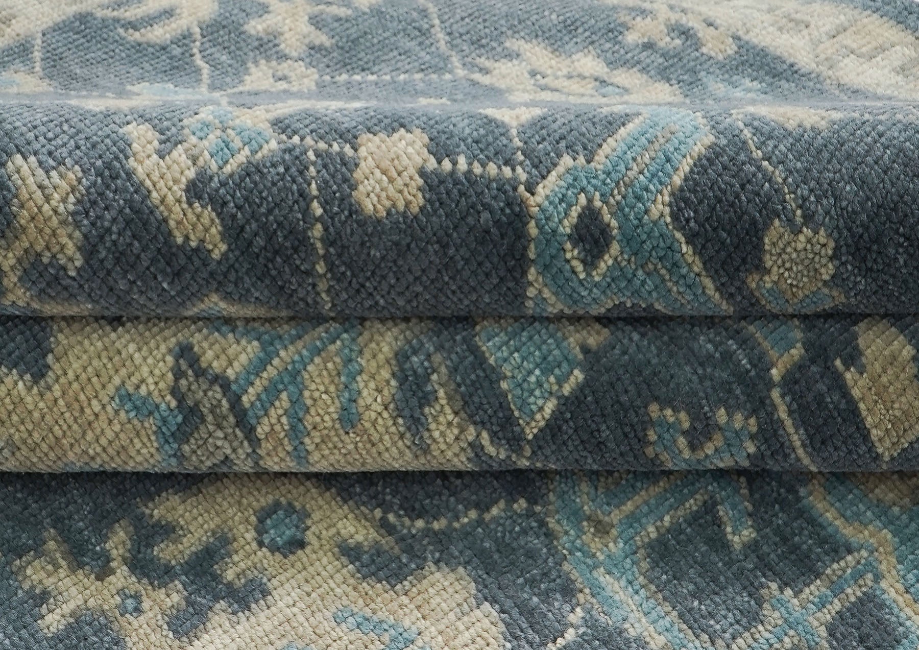 12x15 Blue, Beige, Moss Color Hand Knotted Oushak Wool Arts and Crafts Oriental Rug