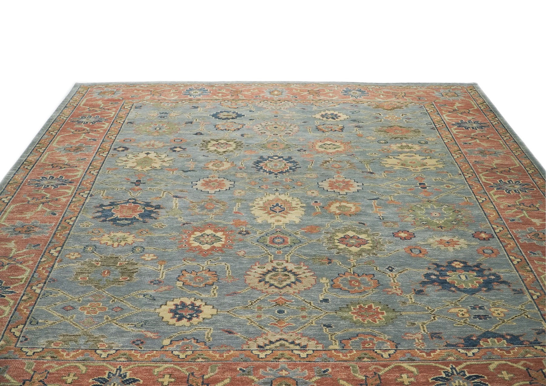 12x15 Blue, Peach, Gold Color Hand Knotted Oushak Wool Arts and Crafts Oriental Rug
