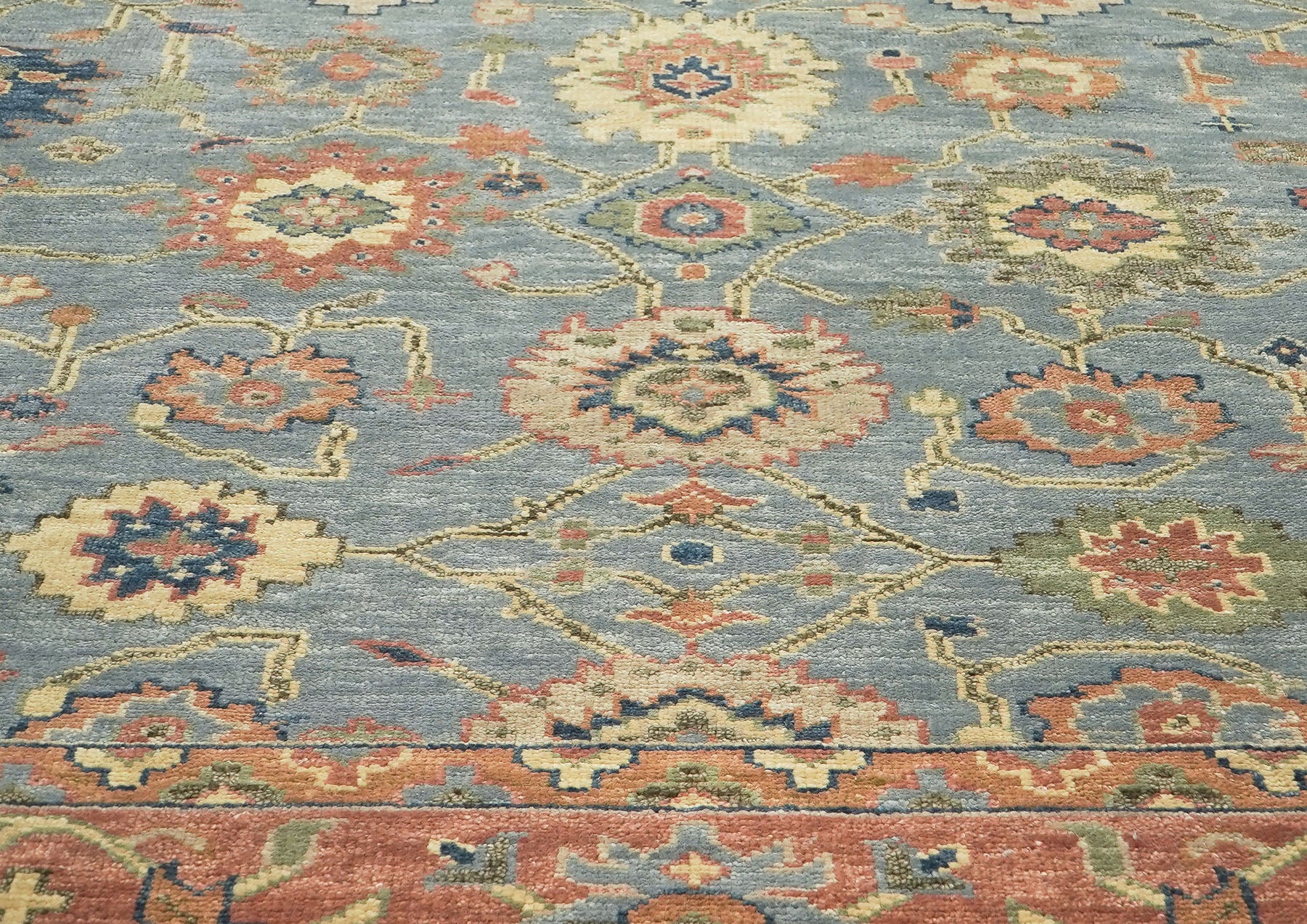 12x15 Blue, Peach, Gold Color Hand Knotted Oushak Wool Arts and Crafts Oriental Rug