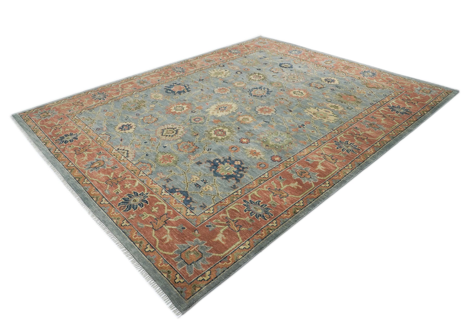 12x15 Blue, Peach, Gold Color Hand Knotted Oushak Wool Arts and Crafts Oriental Rug