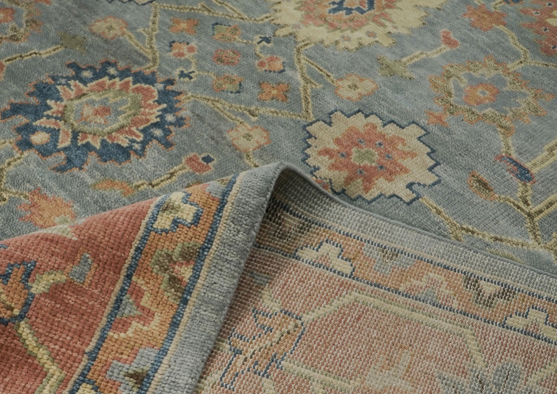 12x15 Blue, Peach, Gold Color Hand Knotted Oushak Wool Arts and Crafts Oriental Rug