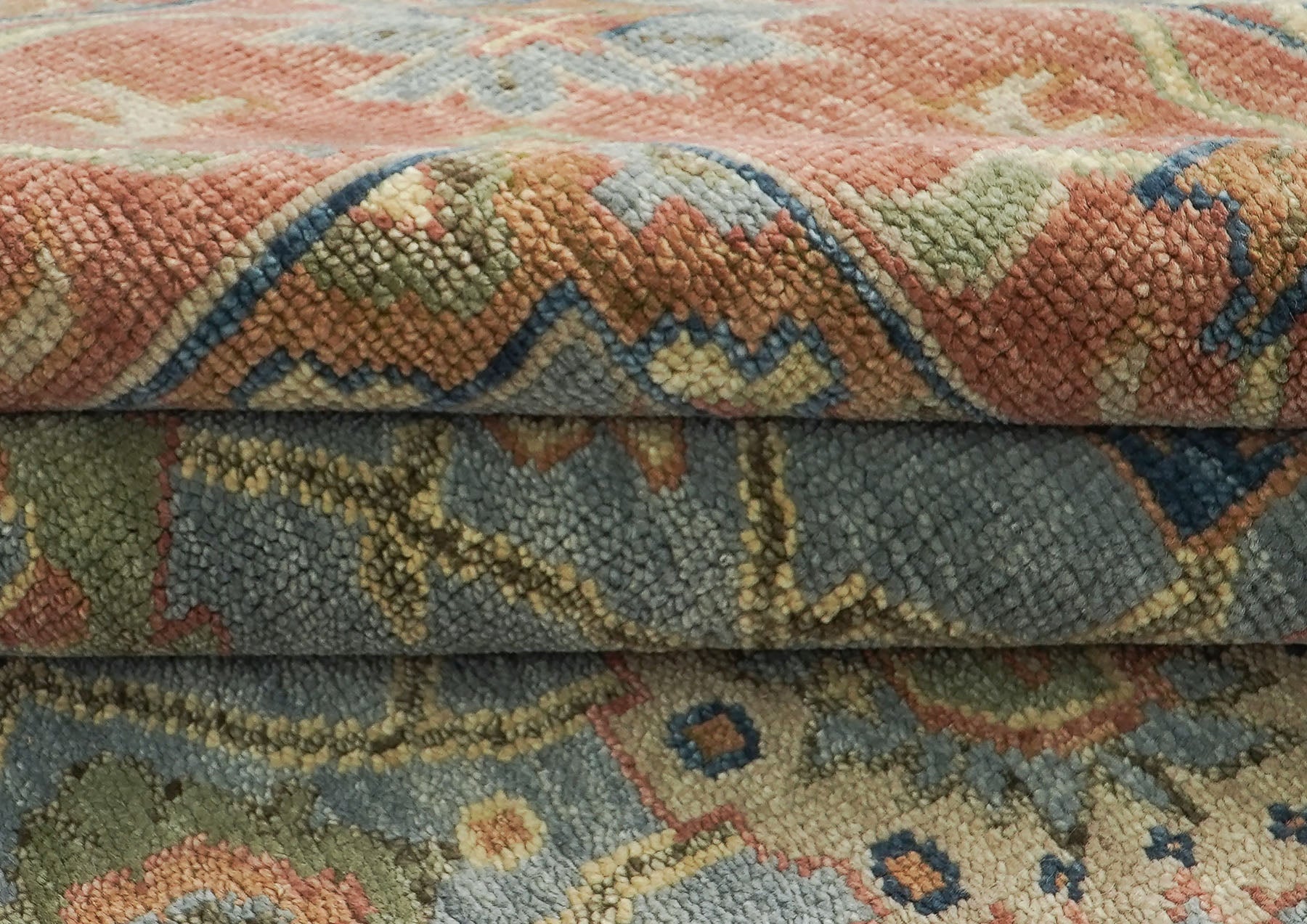 12x15 Blue, Peach, Gold Color Hand Knotted Oushak Wool Arts and Crafts Oriental Rug