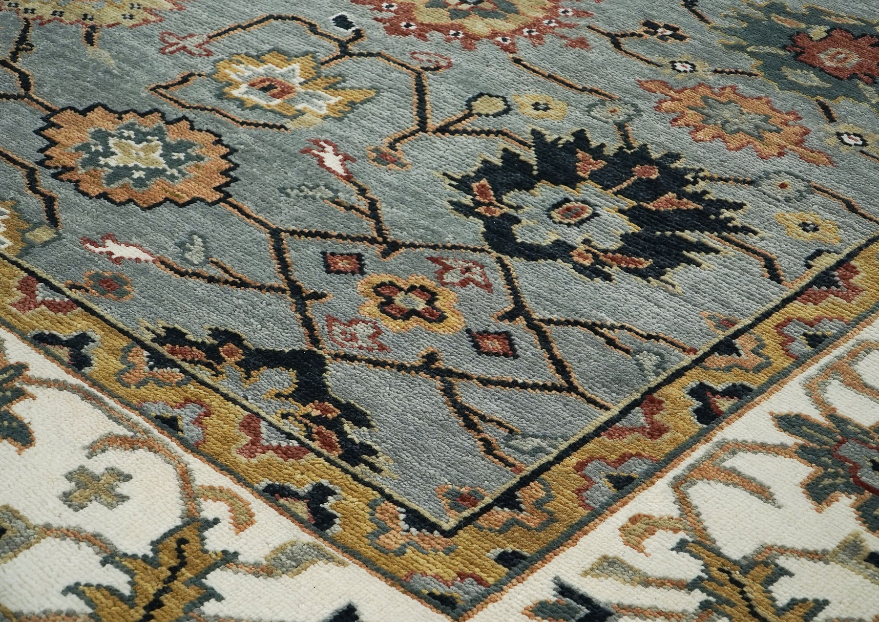 12x15 Slate, Ivory, peach Color Hand Knotted Oushak Wool Arts and Crafts Oriental Rug