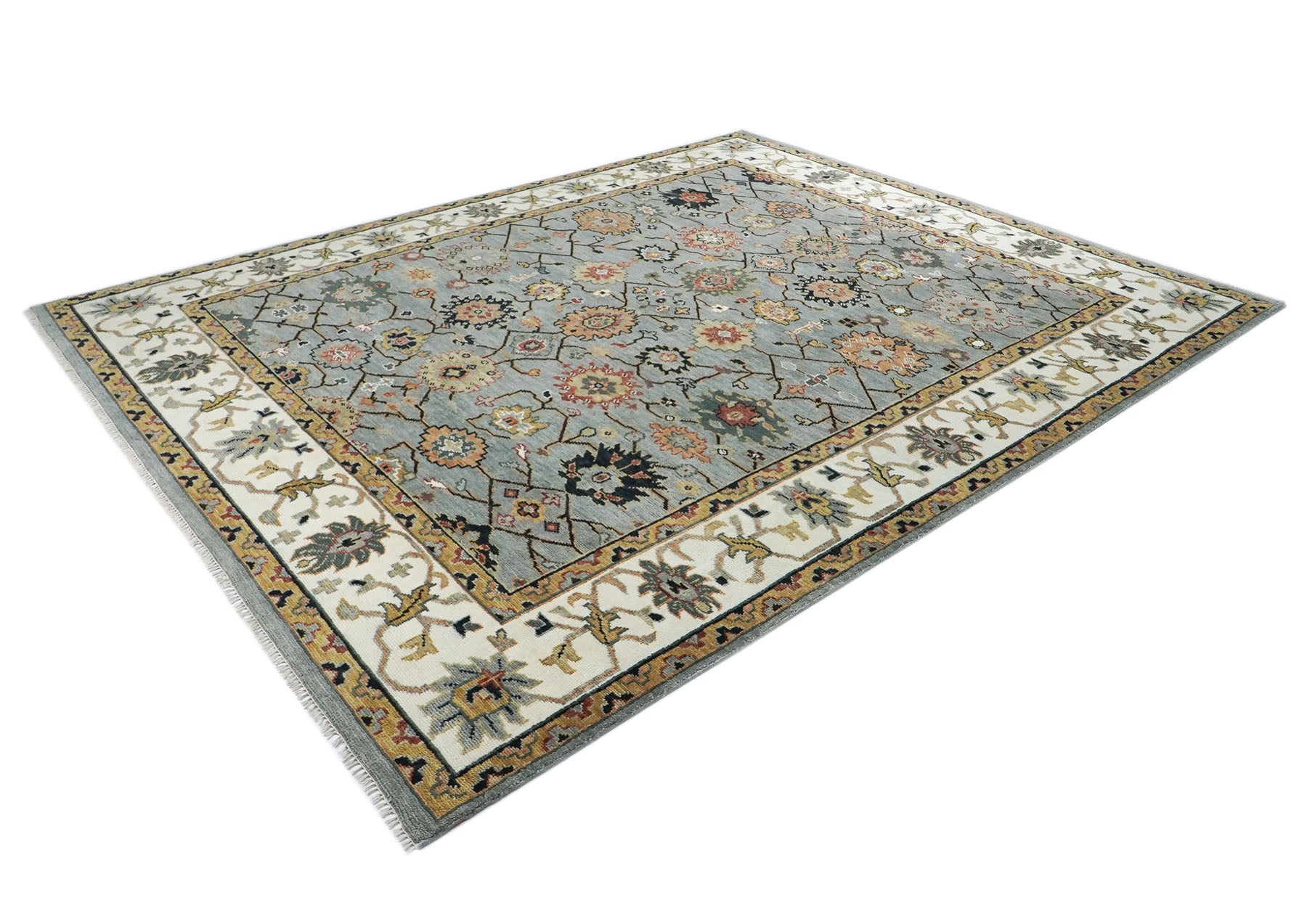 12x15 Slate, Ivory, peach Color Hand Knotted Oushak Wool Arts and Crafts Oriental Rug