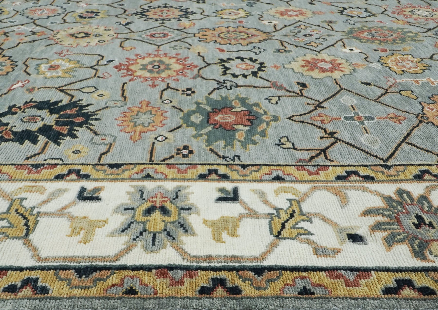 12x15 Slate, Ivory, peach Color Hand Knotted Oushak Wool Arts and Crafts Oriental Rug