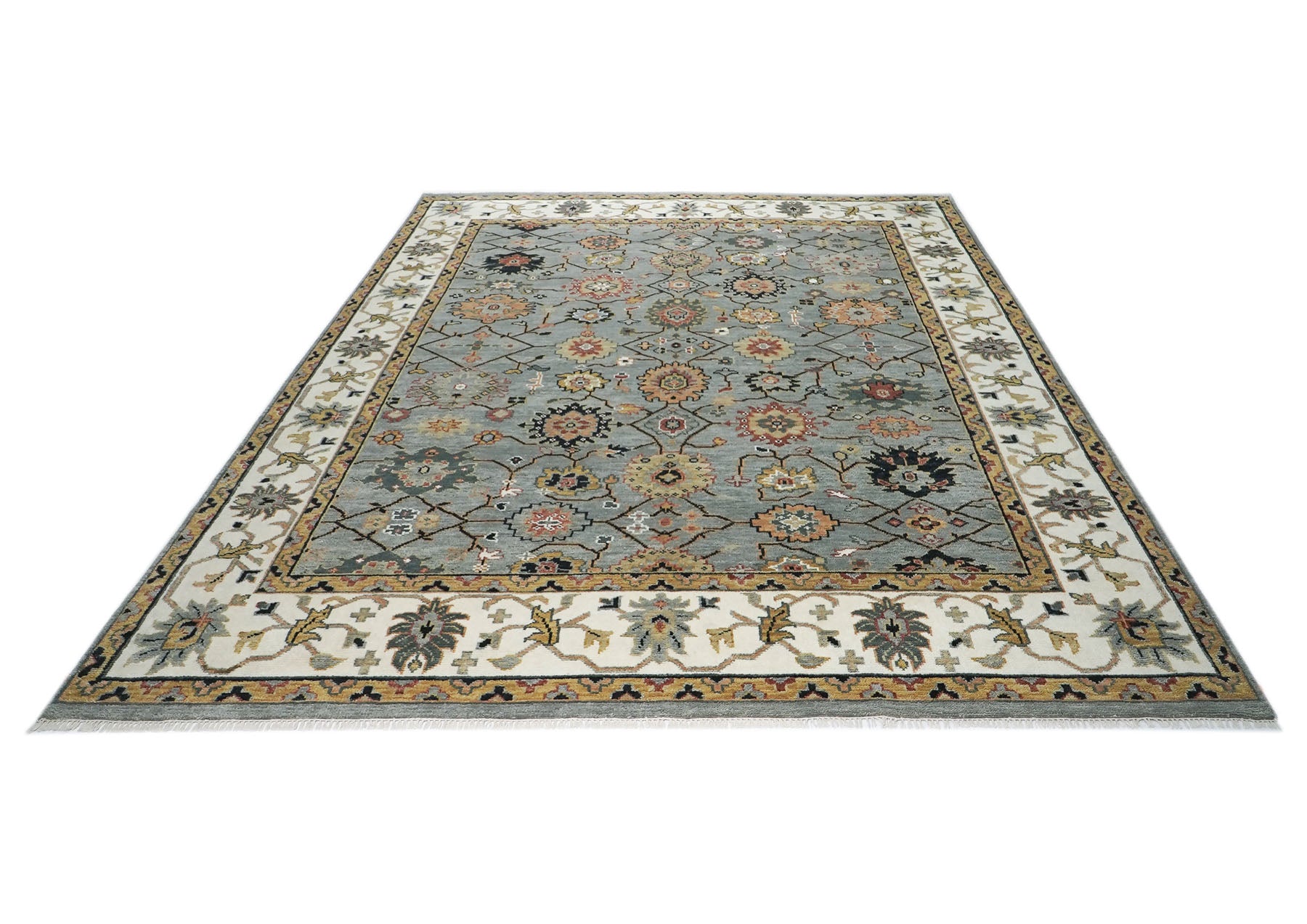 12x15 Slate, Ivory, peach Color Hand Knotted Oushak Wool Arts and Crafts Oriental Rug