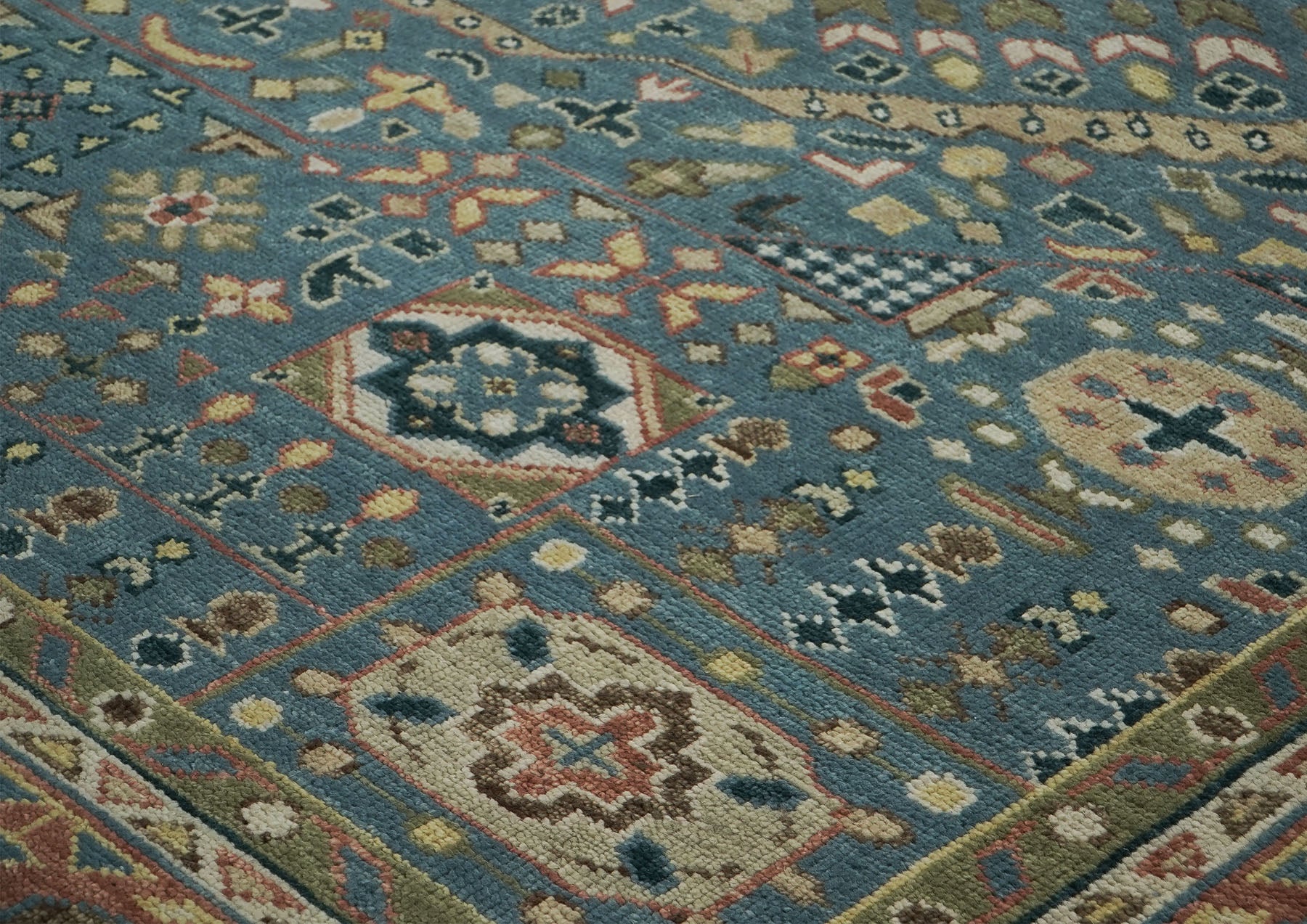 12x15 Blue, Rose, Green Color Hand Knotted Oushak Wool Traditional Oriental Rug