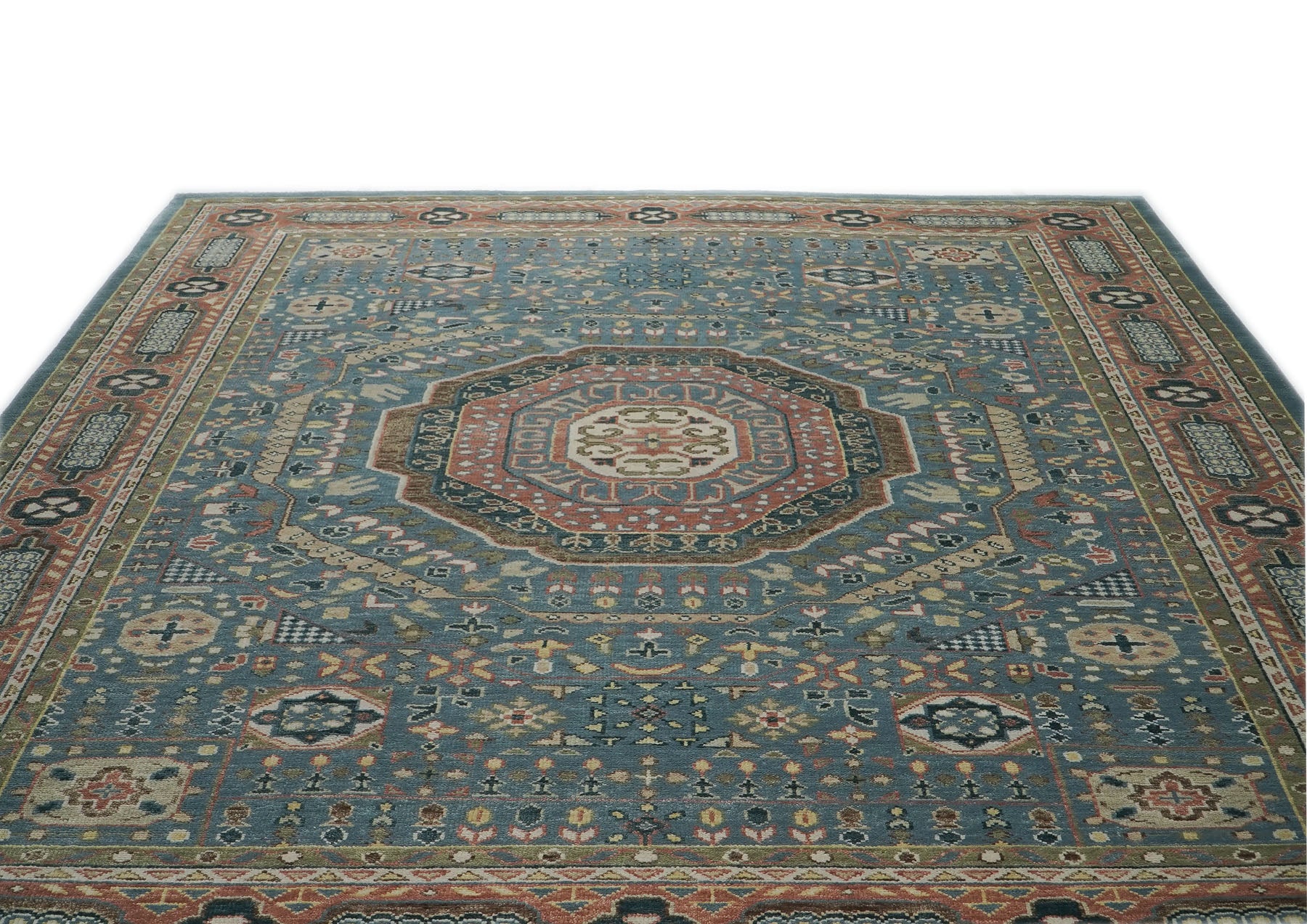 12x15 Blue, Rose, Green Color Hand Knotted Oushak Wool Traditional Oriental Rug