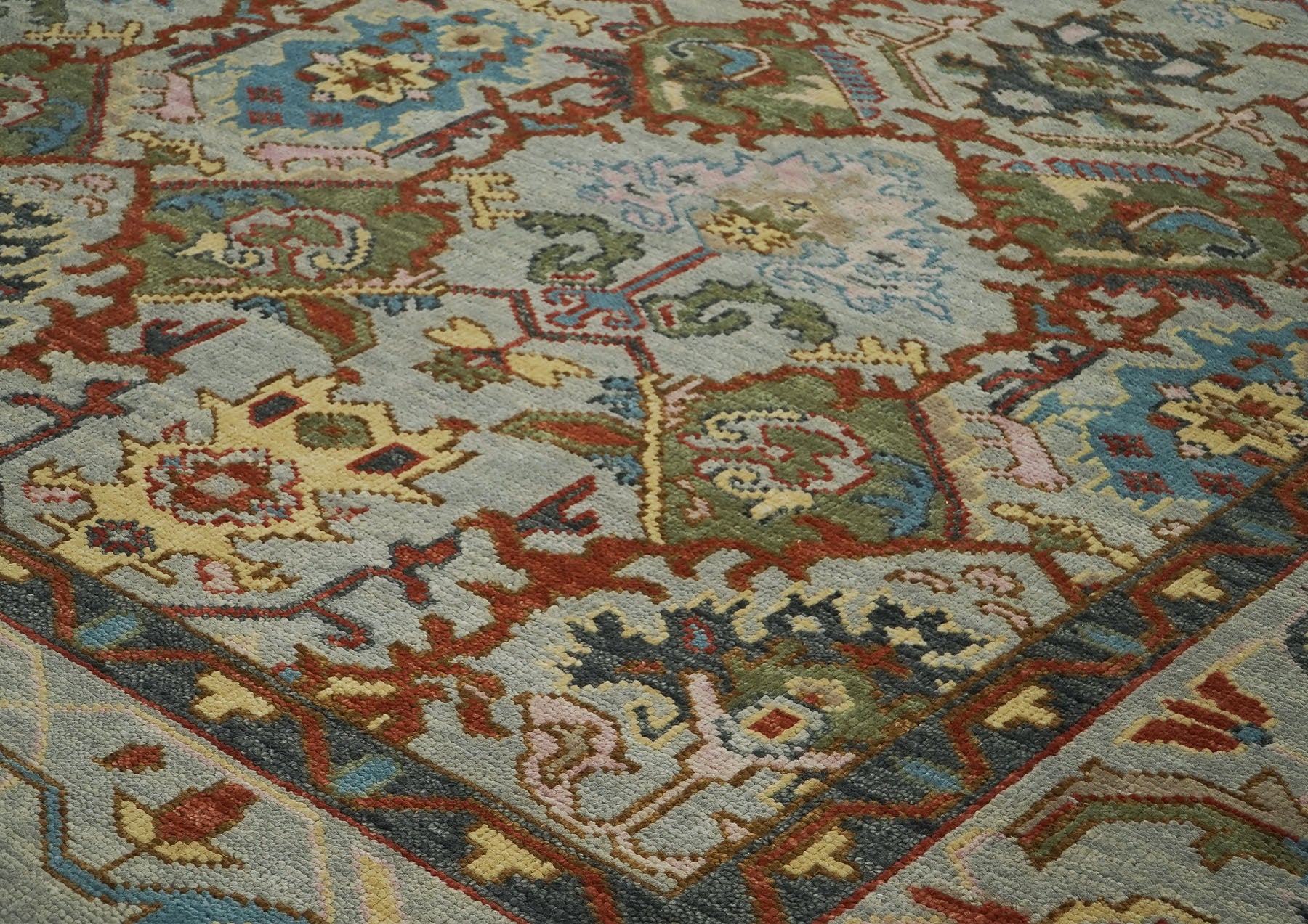 12x15 Mint, Lime, Burnt Orange Color Hand Knotted Oushak Wool Transitional Oriental Rug