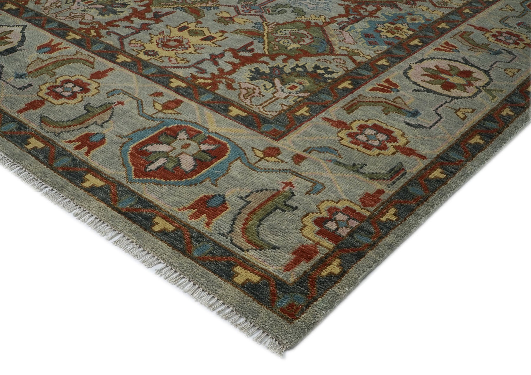12x15 Mint, Lime, Burnt Orange Color Hand Knotted Oushak Wool Transitional Oriental Rug