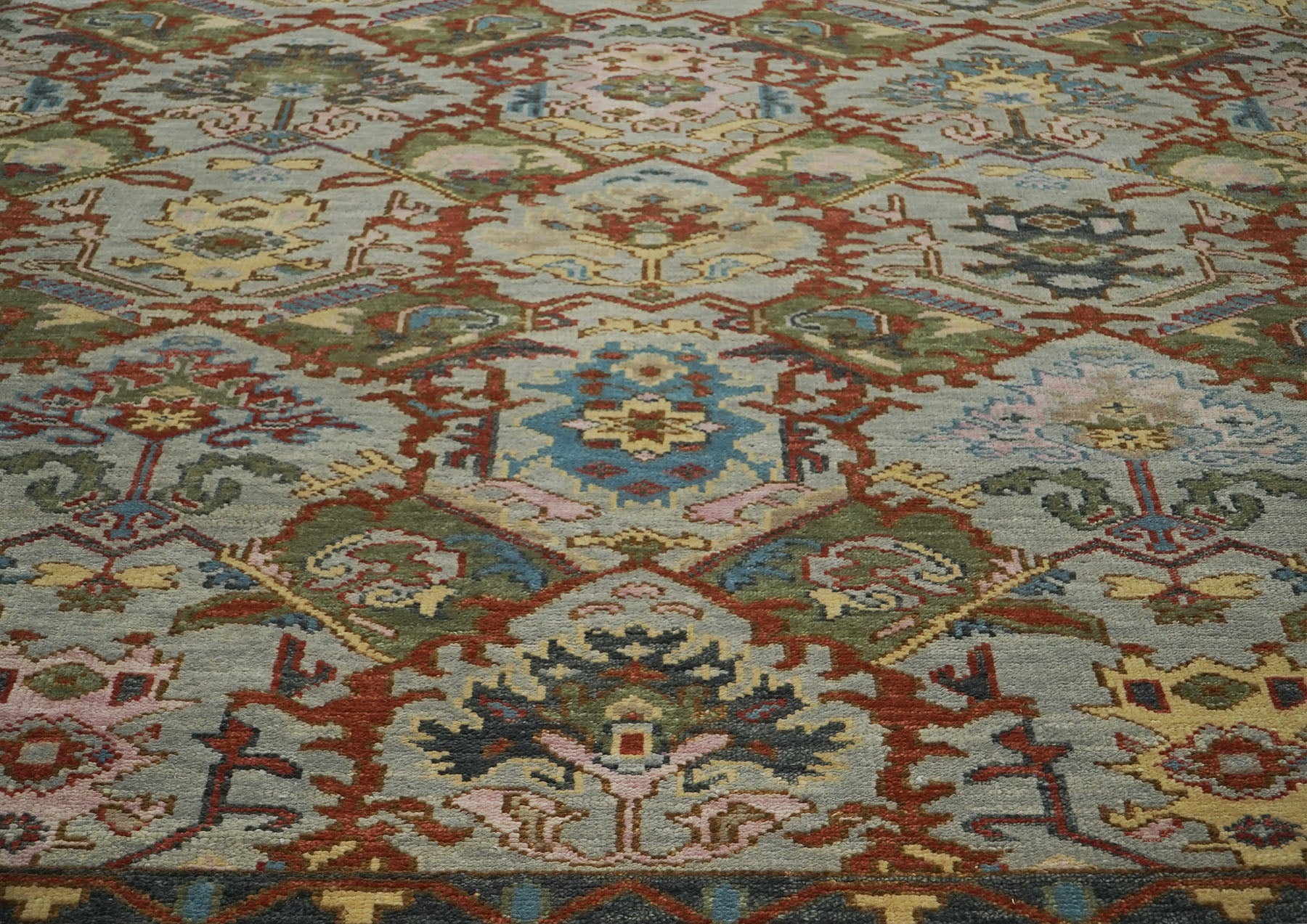 12x15 Mint, Lime, Burnt Orange Color Hand Knotted Oushak Wool Transitional Oriental Rug