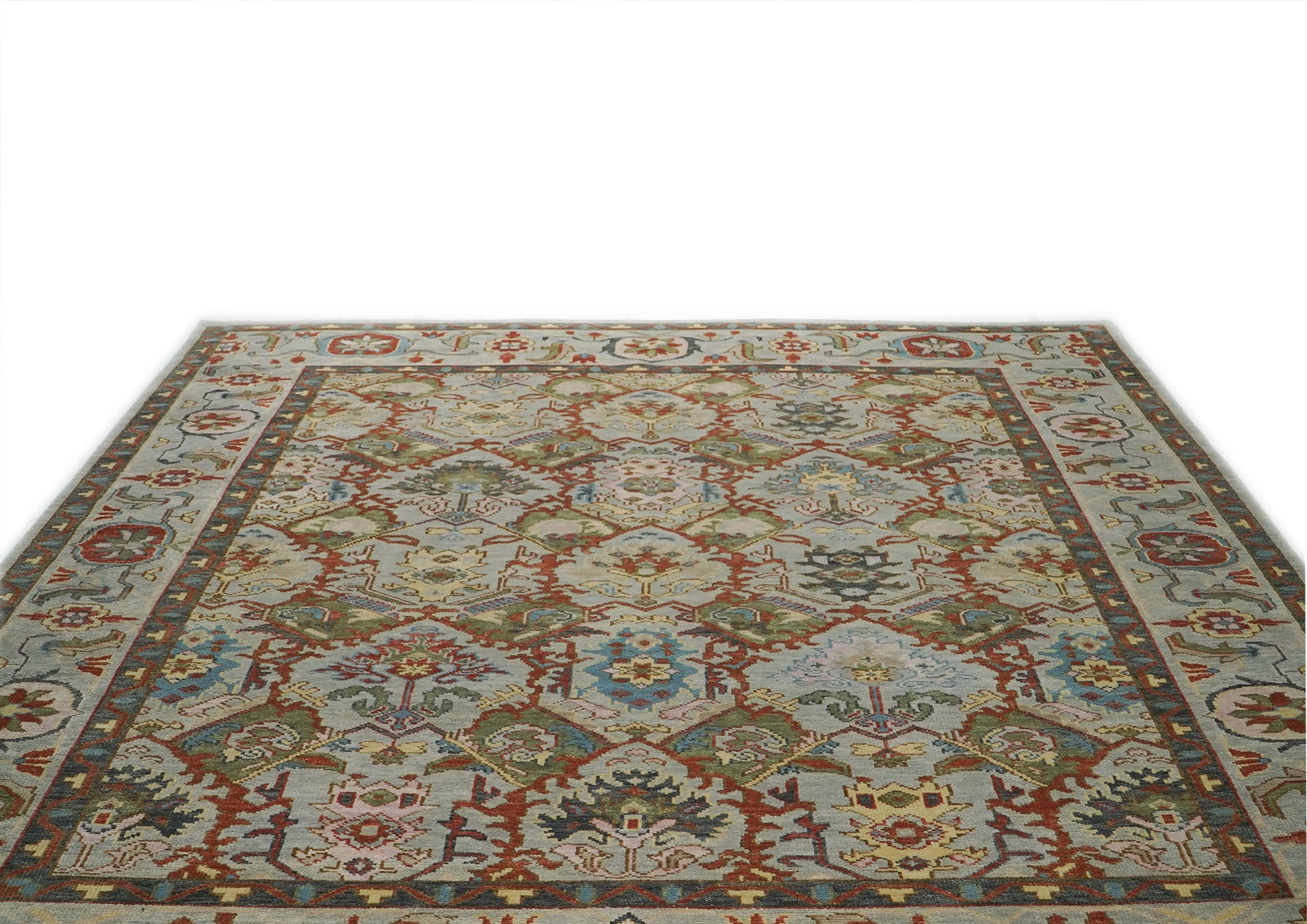 12x15 Mint, Lime, Burnt Orange Color Hand Knotted Oushak Wool Transitional Oriental Rug