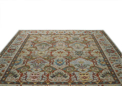 12x15 Mint, Lime, Burnt Orange Color Hand Knotted Oushak Wool Transitional Oriental Rug