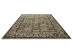 12x15 Mint, Lime, Burnt Orange Color Hand Knotted Oushak Wool Transitional Oriental Rug