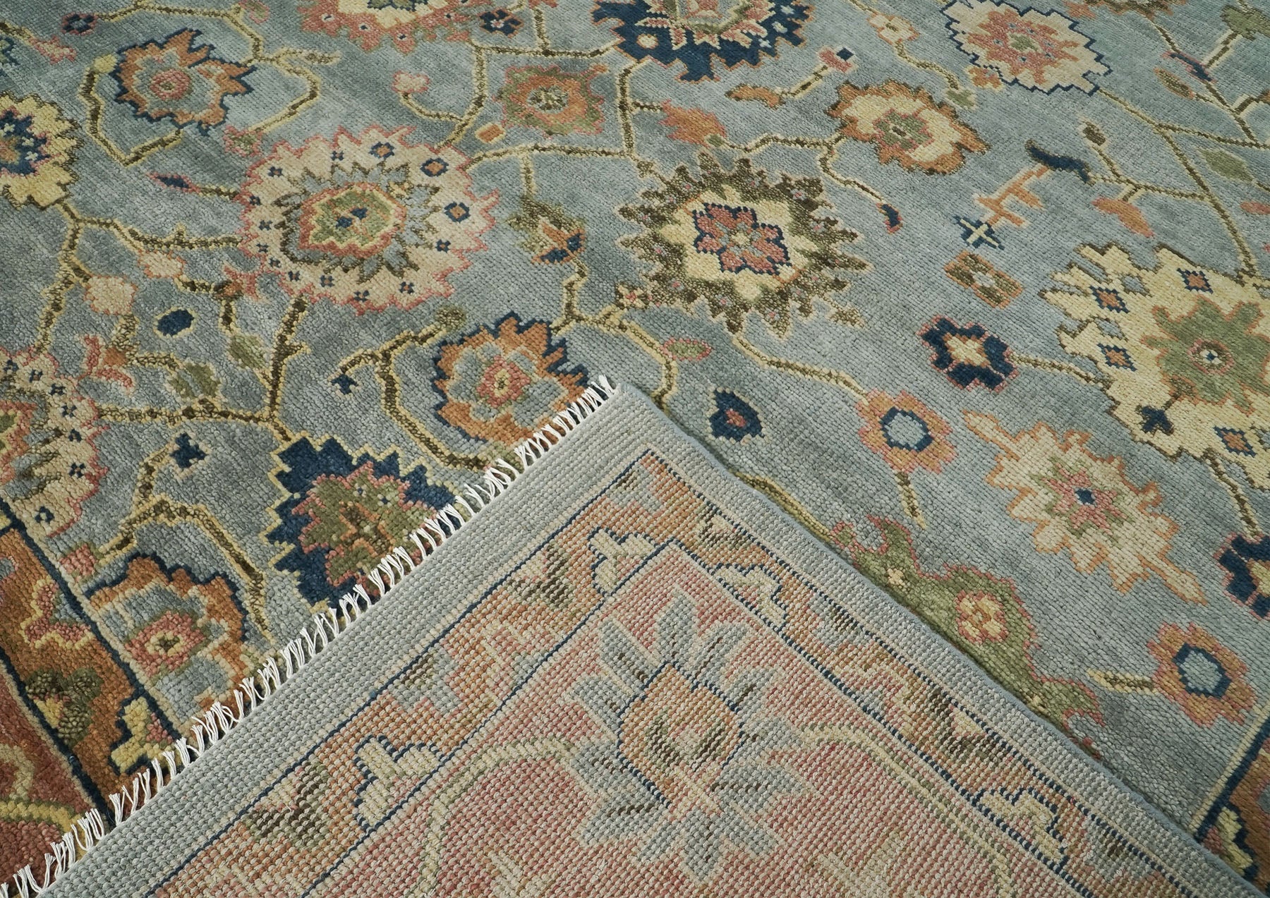 12x15 Blue, Peach, Lime Color Hand Knotted Oushak Wool Arts and Crafts Oriental Rug