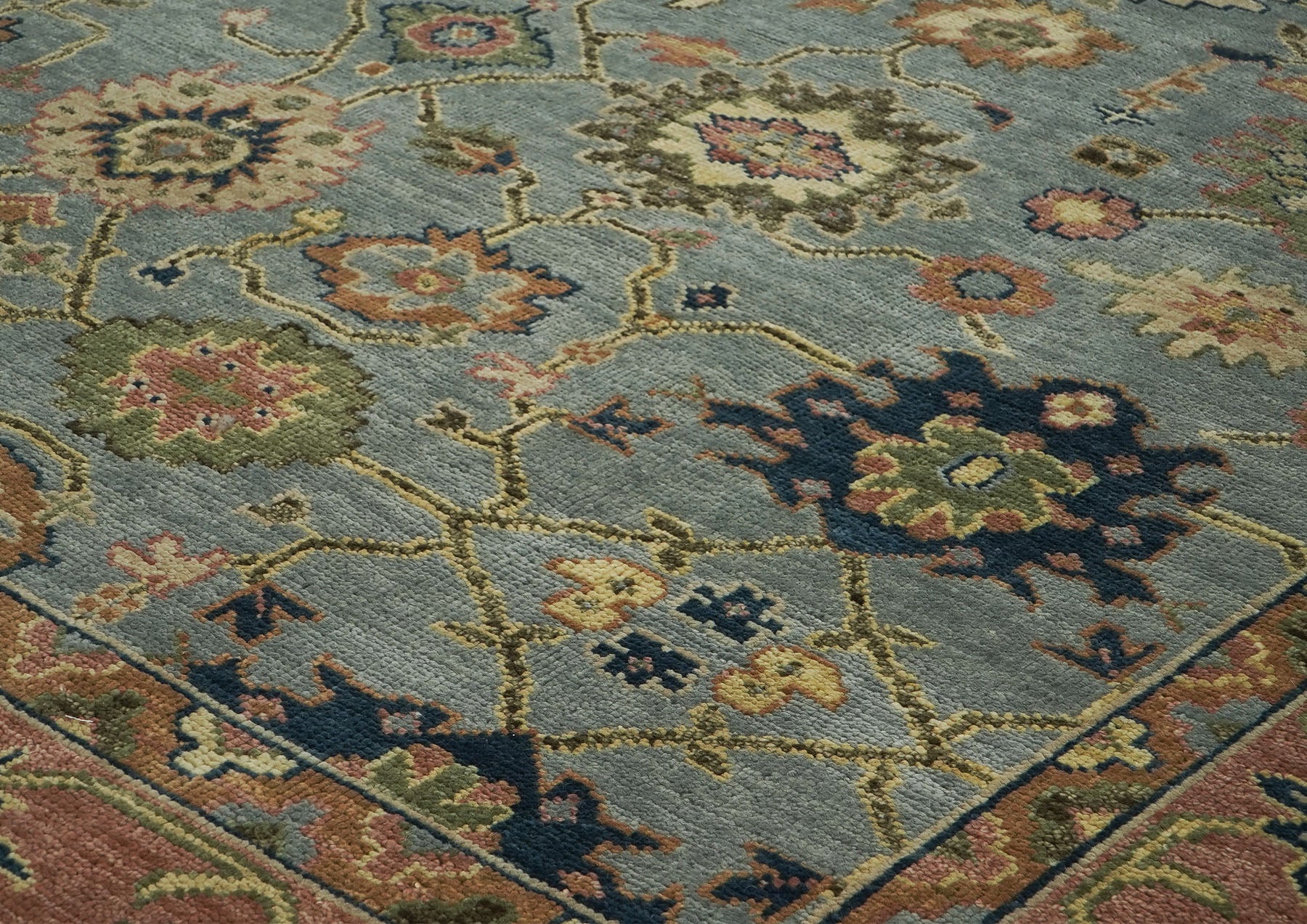 12x15 Blue, Peach, Lime Color Hand Knotted Oushak Wool Arts and Crafts Oriental Rug