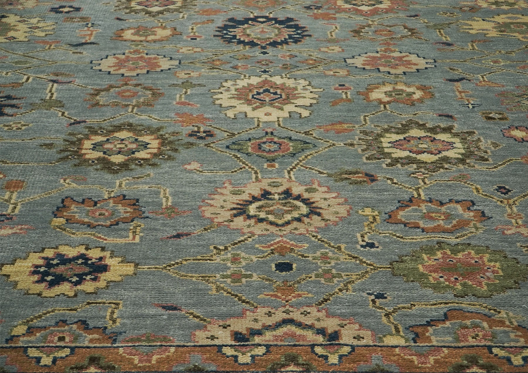 12x15 Blue, Peach, Lime Color Hand Knotted Oushak Wool Arts and Crafts Oriental Rug