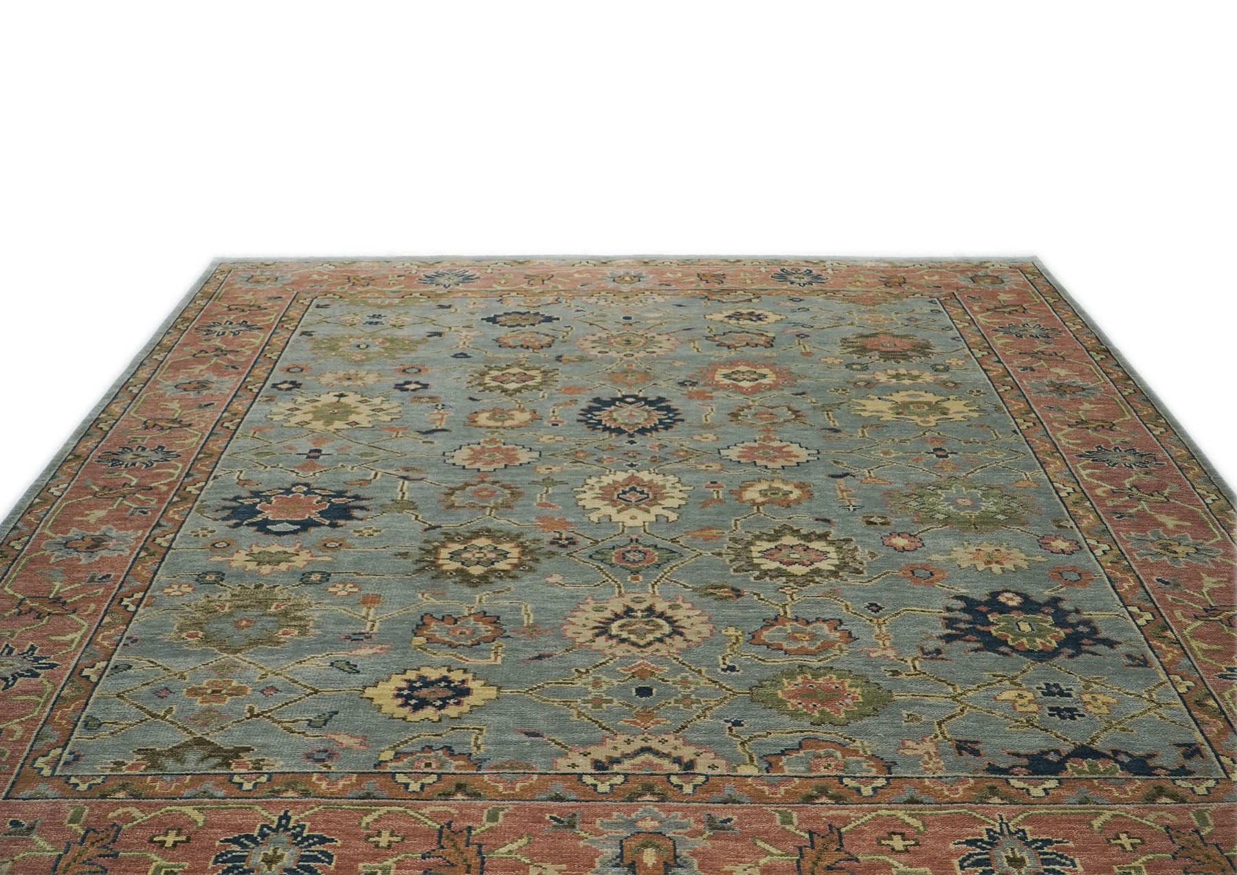 12x15 Blue, Peach, Lime Color Hand Knotted Oushak Wool Arts and Crafts Oriental Rug