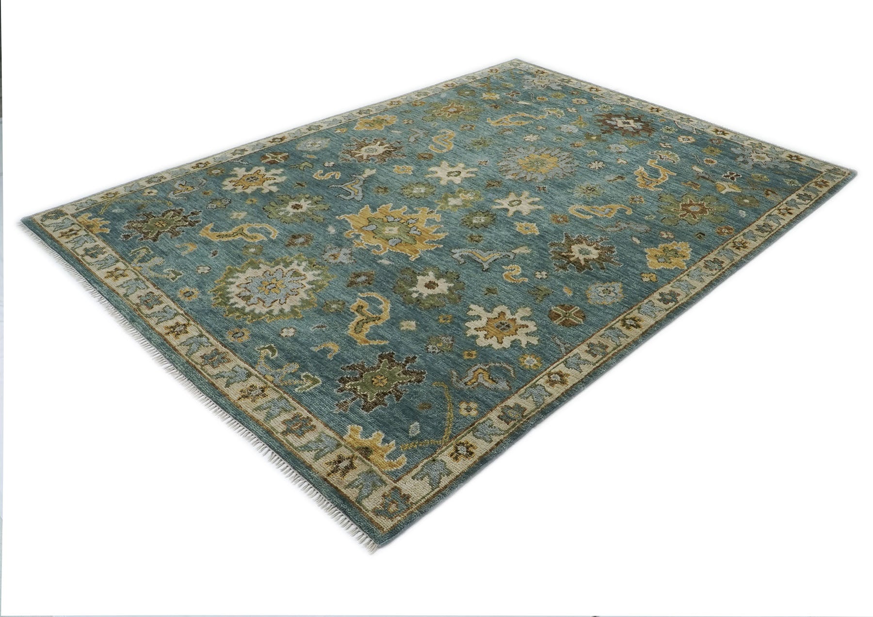 9x12 Celadon, Lime, Gold Color Hand Knotted Oushak Wool Arts and Crafts Oriental Rug