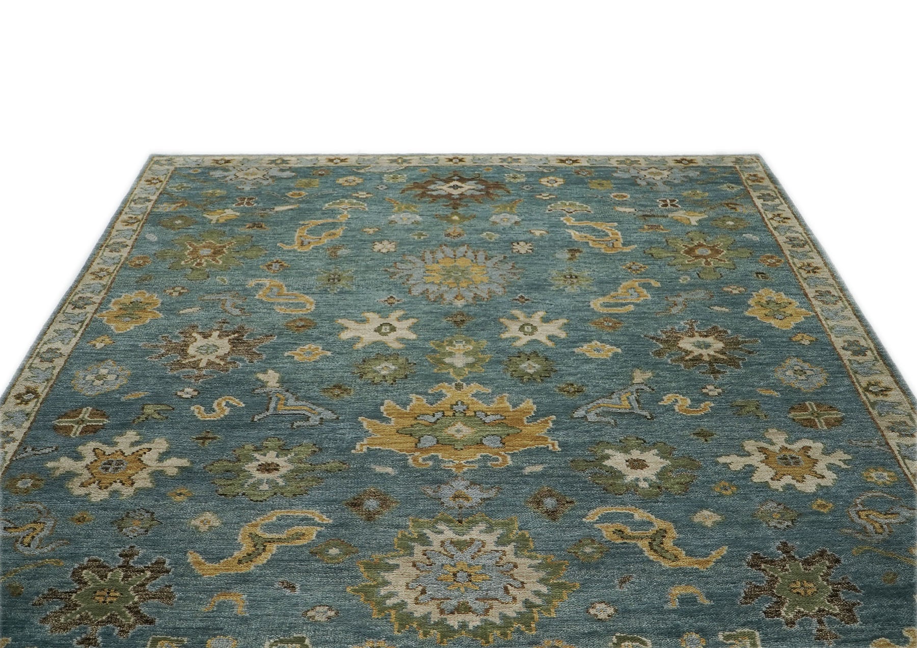 9x12 Celadon, Lime, Gold Color Hand Knotted Oushak Wool Arts and Crafts Oriental Rug