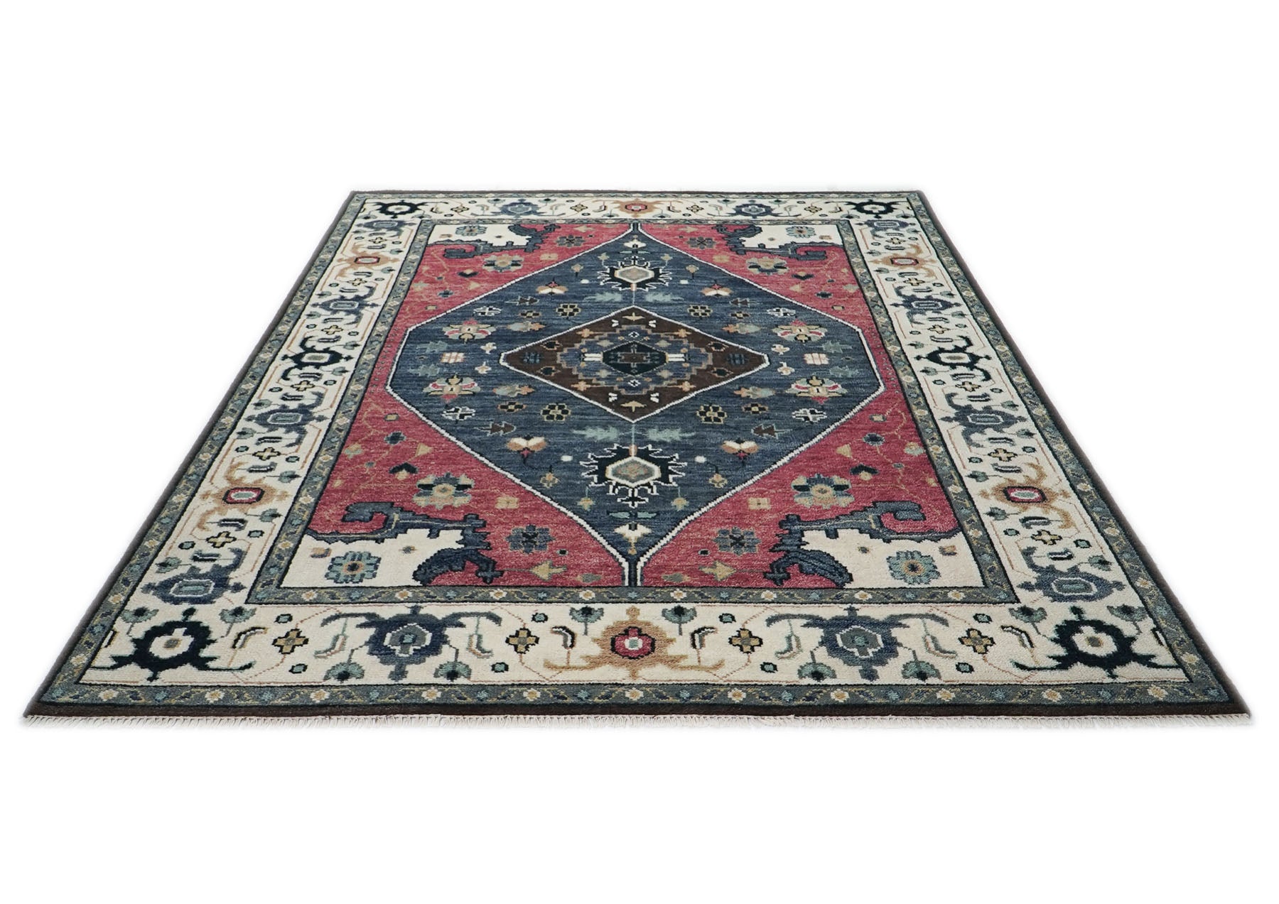 9x12 Pink, Blue, Ivory Color Hand Knotted Oushak Wool Traditional Oriental Rug