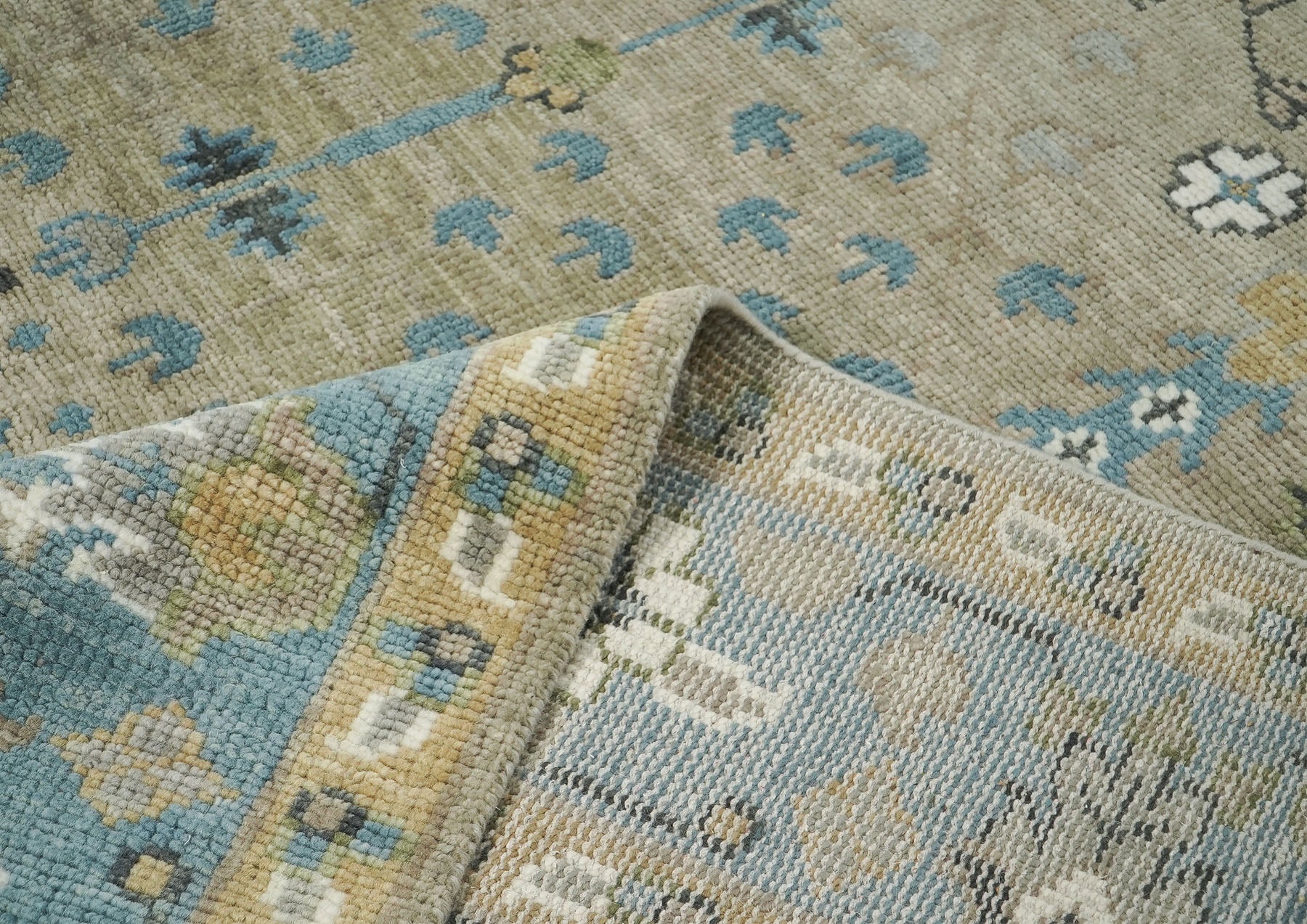 9x12 Beige, Tan, Aqua Color Hand Knotted Oushak Wool Transitional Oriental Rug