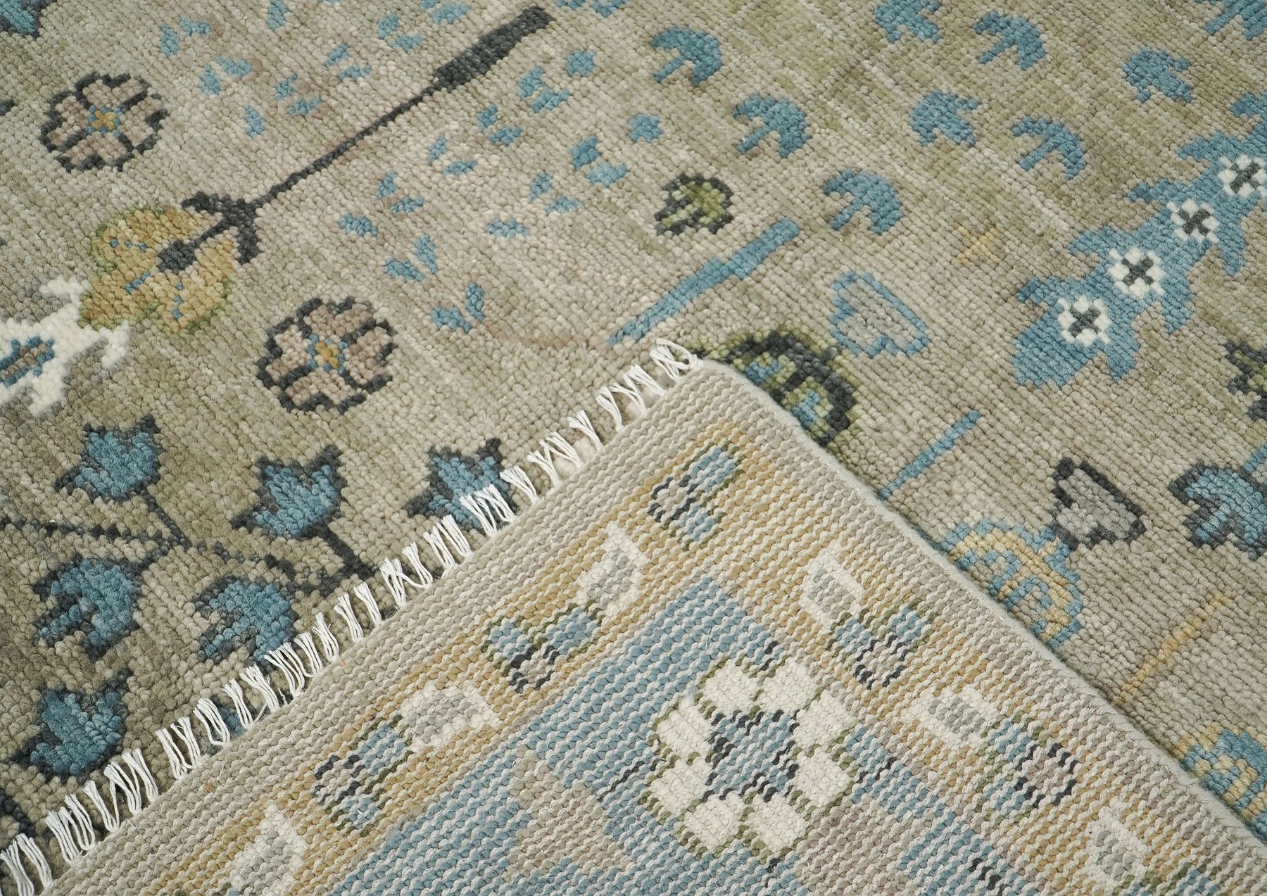 9x12 Beige, Tan, Aqua Color Hand Knotted Oushak Wool Transitional Oriental Rug