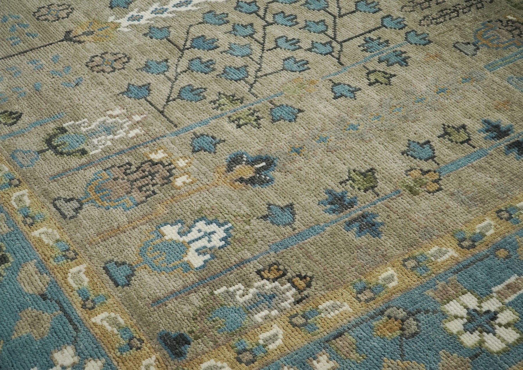 9x12 Beige, Tan, Aqua Color Hand Knotted Oushak Wool Transitional Oriental Rug