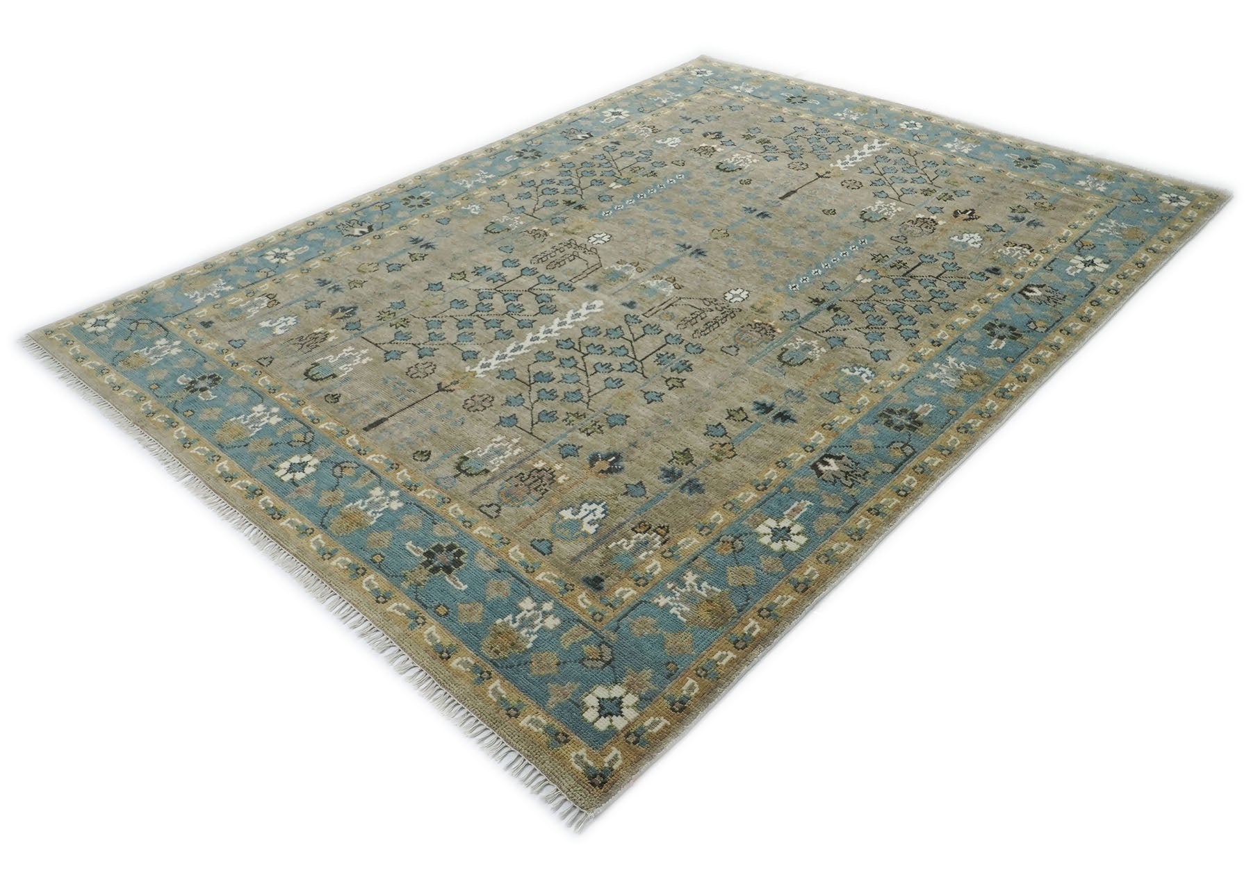 9x12 Beige, Tan, Aqua Color Hand Knotted Oushak Wool Transitional Oriental Rug