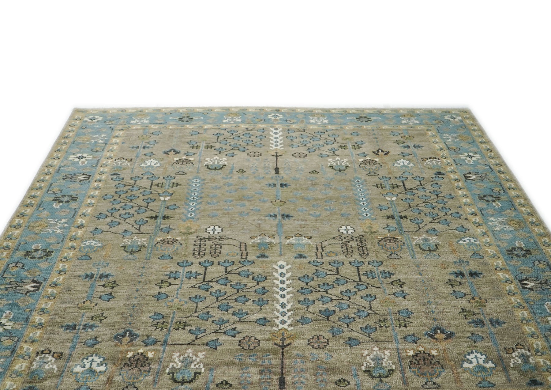9x12 Beige, Tan, Aqua Color Hand Knotted Oushak Wool Transitional Oriental Rug