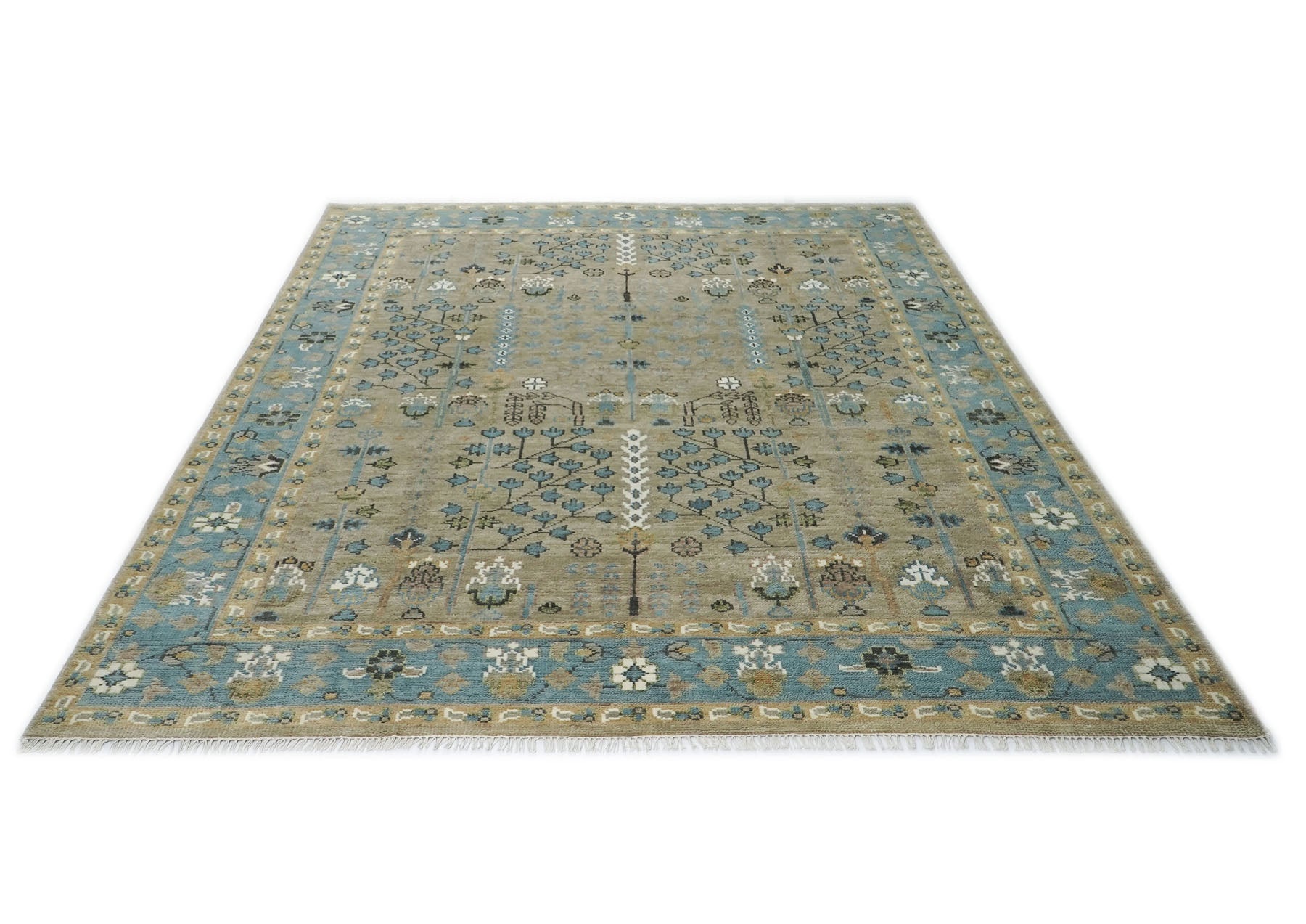 9x12 Beige, Tan, Aqua Color Hand Knotted Oushak Wool Transitional Oriental Rug