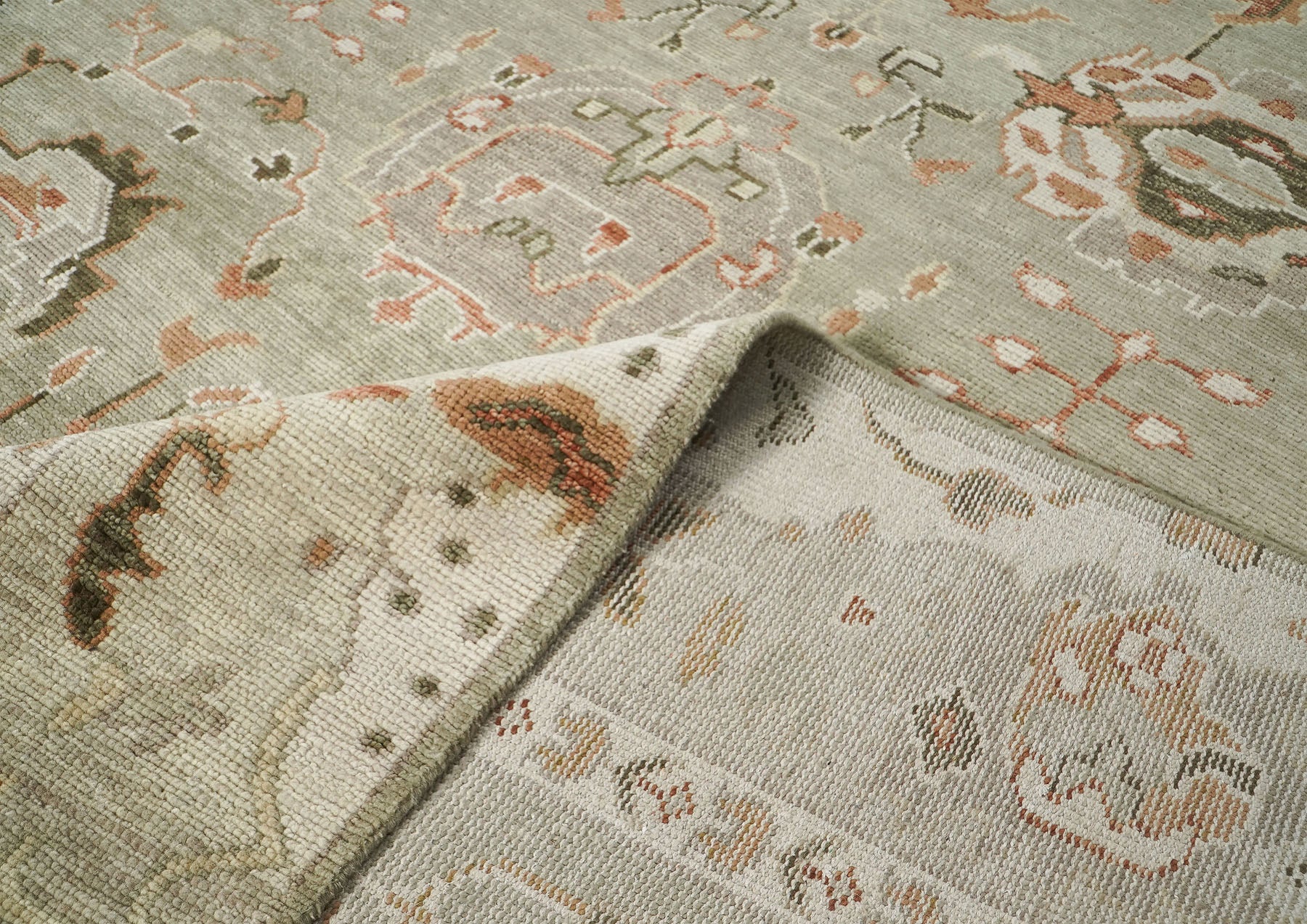 10x14 Green, Ivory, Rust Color Hand Knotted Oushak Wool Transitional Oriental Rug