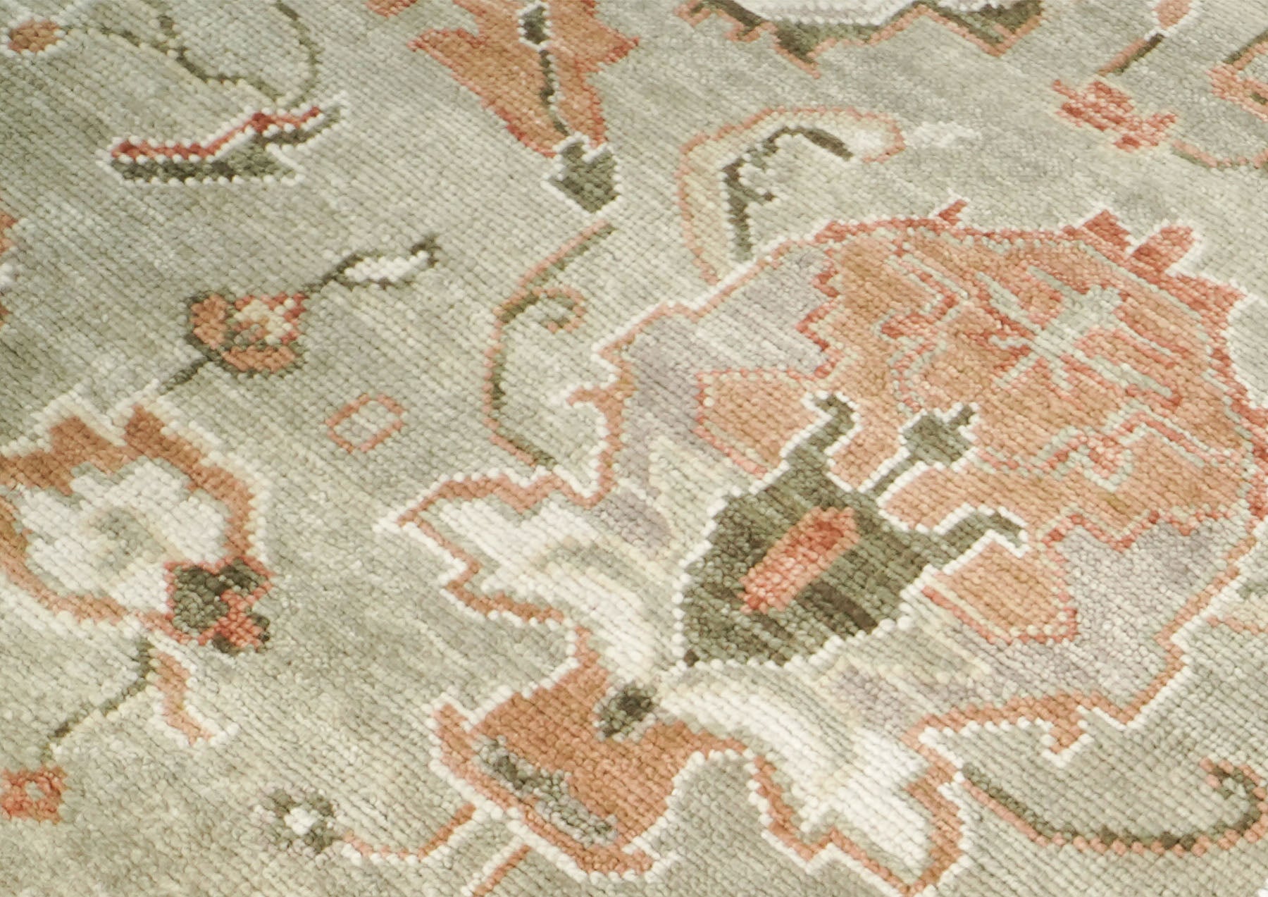 10x14 Green, Ivory, Rust Color Hand Knotted Oushak Wool Transitional Oriental Rug