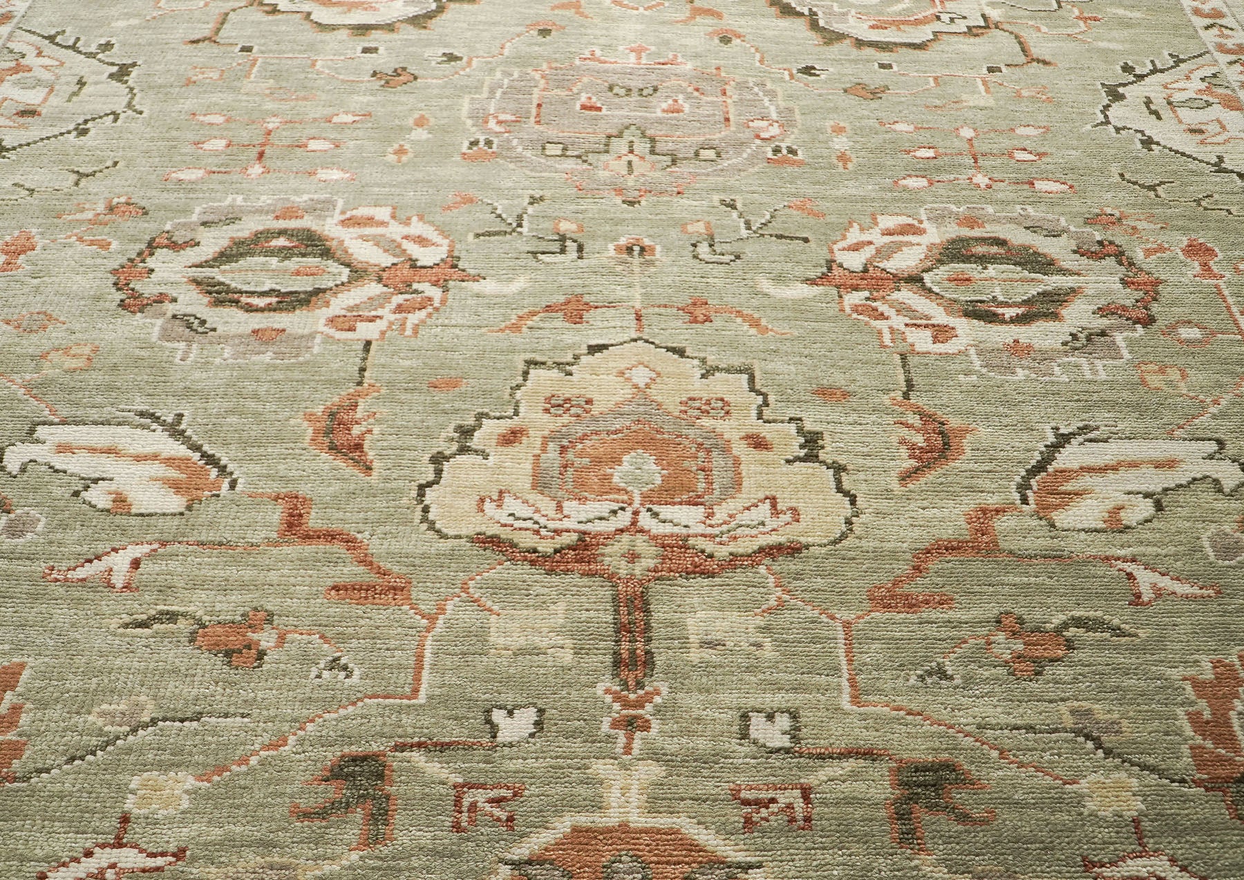 10x14 Green, Ivory, Rust Color Hand Knotted Oushak Wool Transitional Oriental Rug