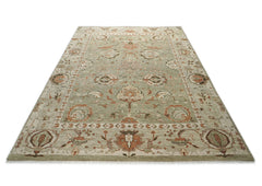 10x14 Green, Ivory, Rust Color Hand Knotted Oushak Wool Transitional Oriental Rug