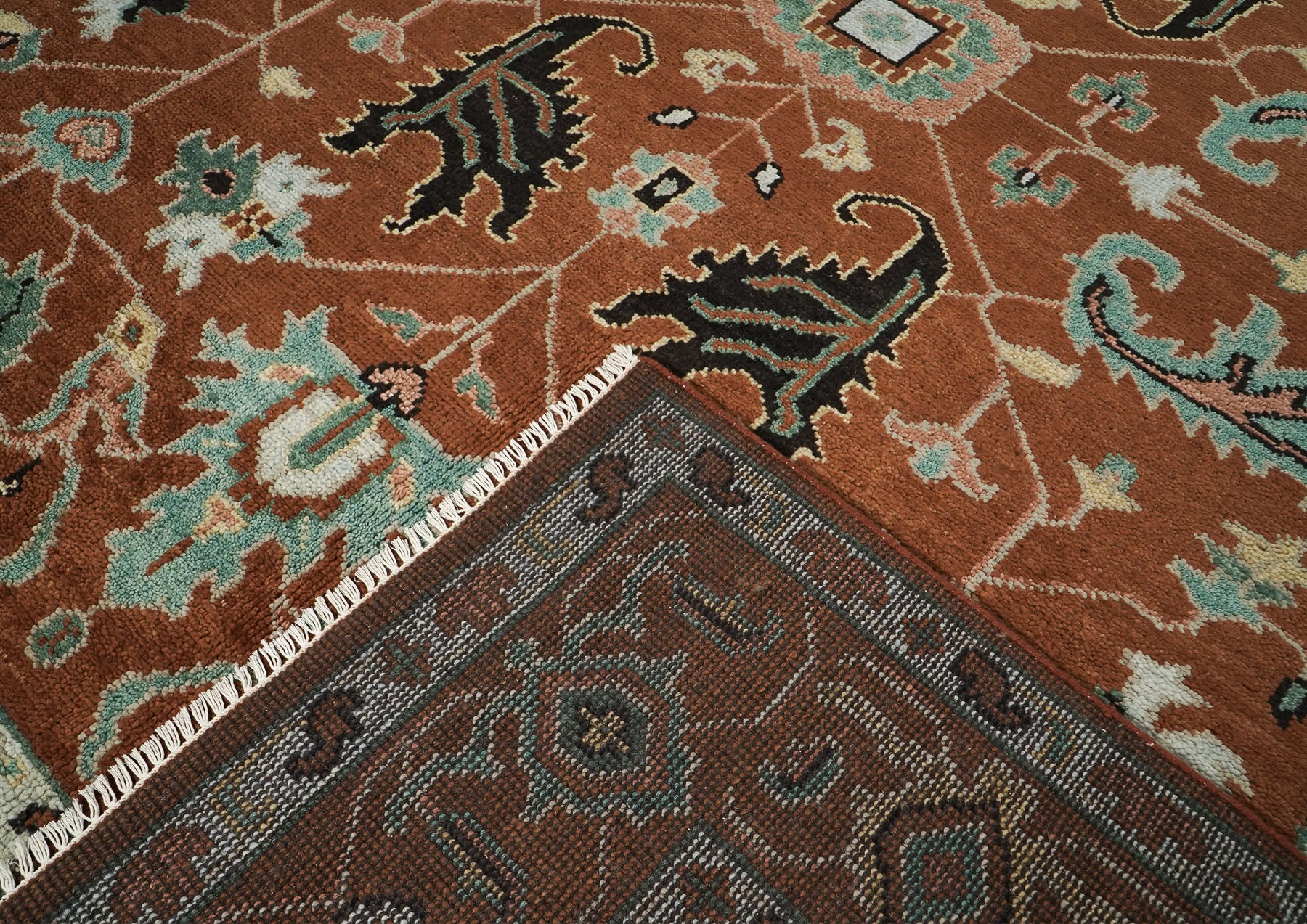9x12 Burnt Orange, Aqua, Rose Color Hand Knotted Oushak Wool Arts and Crafts Oriental Rug