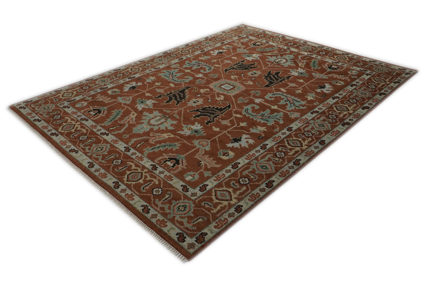 9x12 Burnt Orange, Aqua, Rose Color Hand Knotted Oushak Wool Arts and Crafts Oriental Rug