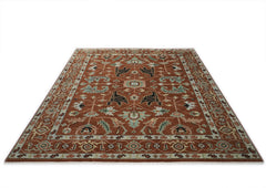 9x12 Burnt Orange, Aqua, Rose Color Hand Knotted Oushak Wool Arts and Crafts Oriental Rug