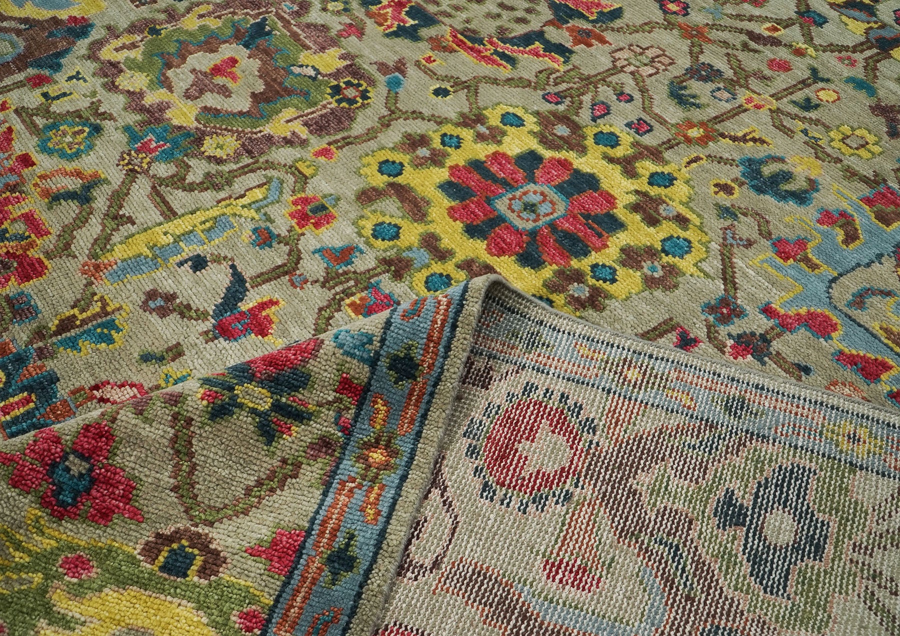 9x12 Moss, Coral, Orange Color Hand Knotted Oushak Wool Arts and Crafts Oriental Rug
