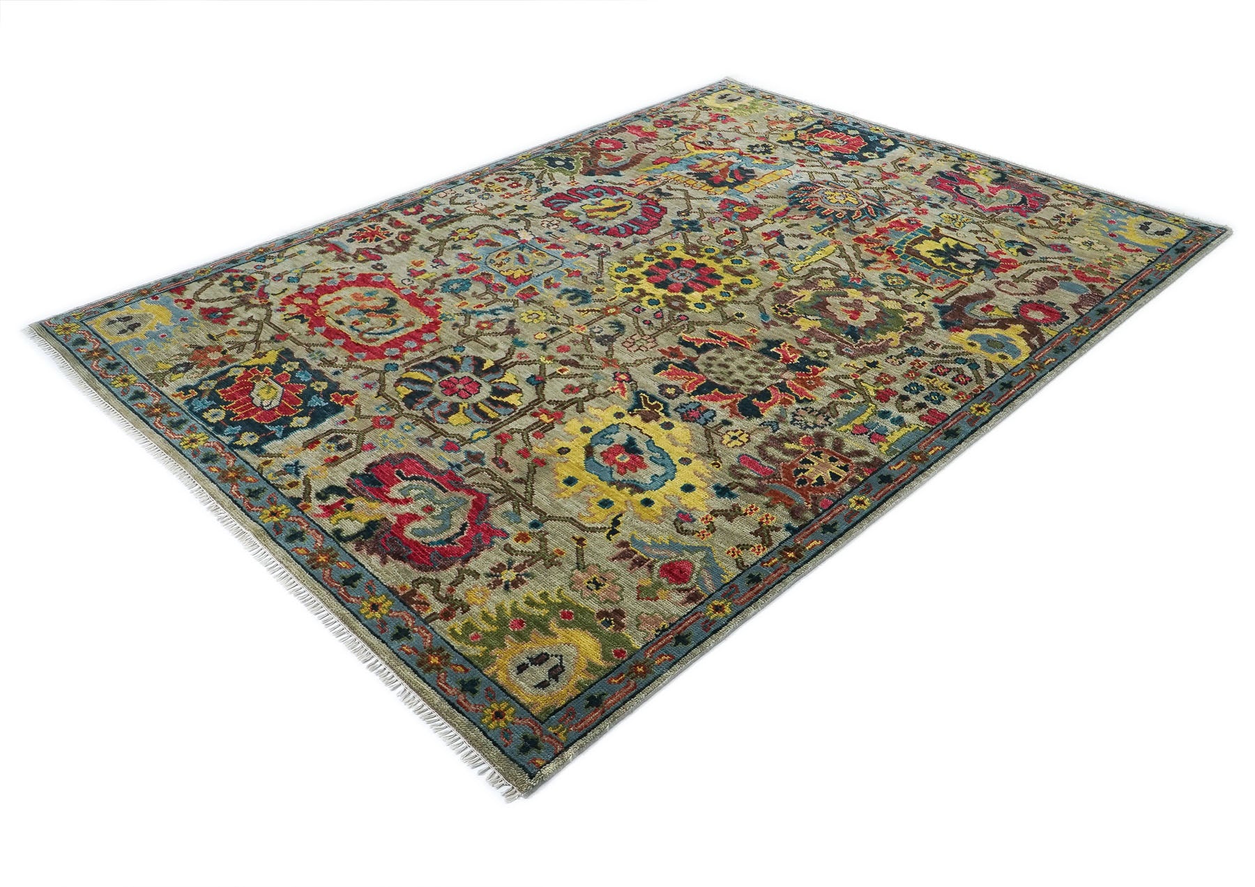9x12 Moss, Coral, Orange Color Hand Knotted Oushak Wool Arts and Crafts Oriental Rug