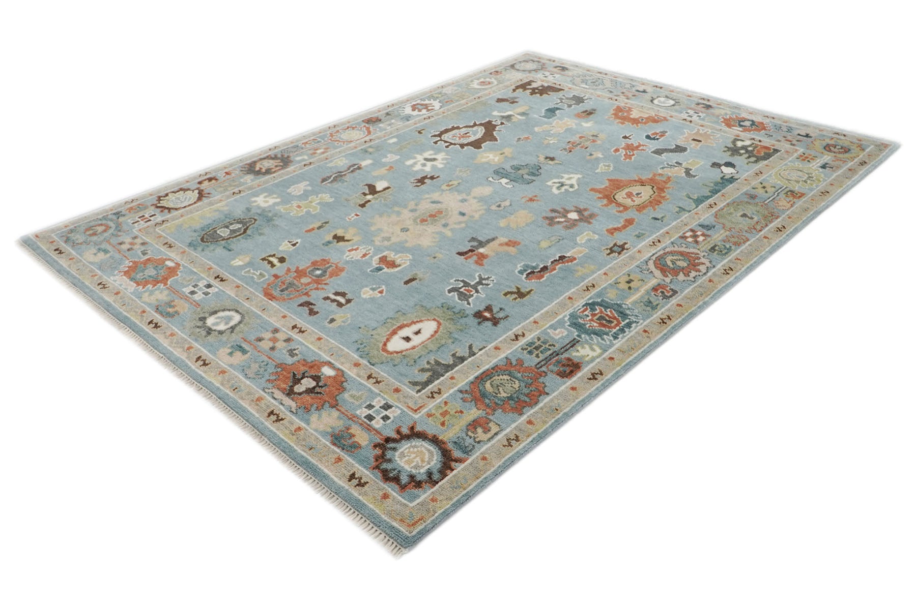 9x12 Blue, Ivory, Taupe Color Hand Knotted Oushak Wool Arts and Crafts Oriental Rug