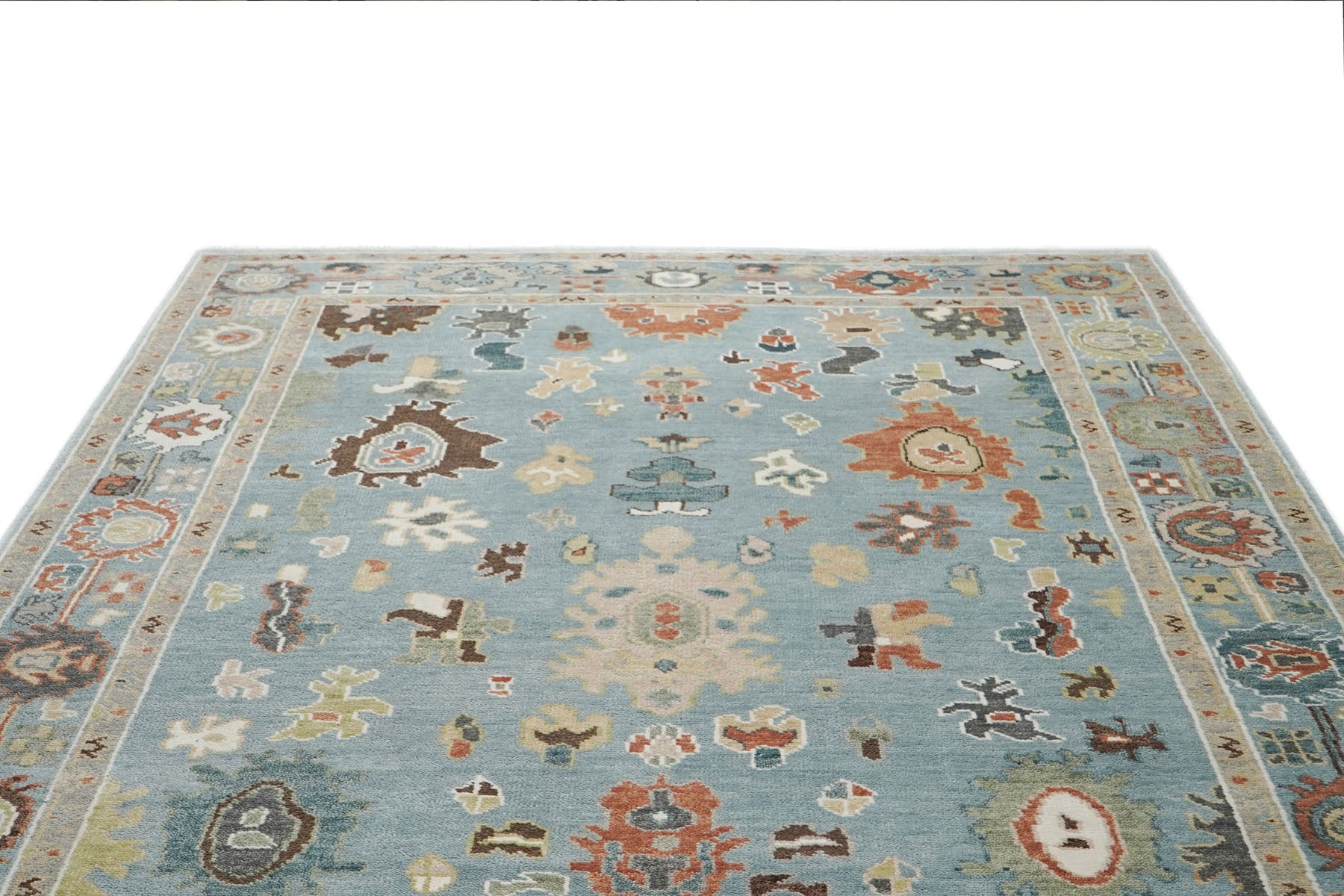 9x12 Blue, Ivory, Taupe Color Hand Knotted Oushak Wool Arts and Crafts Oriental Rug