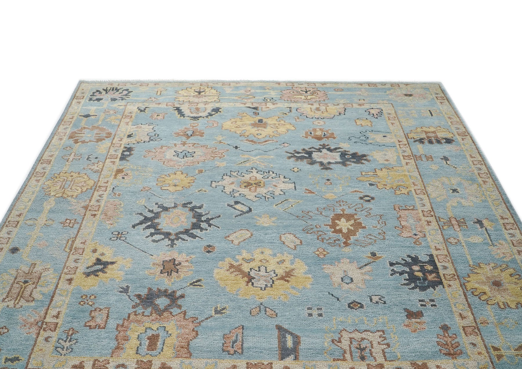 9x12 Blue, Beige, Light Gold Color Hand Knotted Oushak Wool Arts and Crafts Oriental Rug