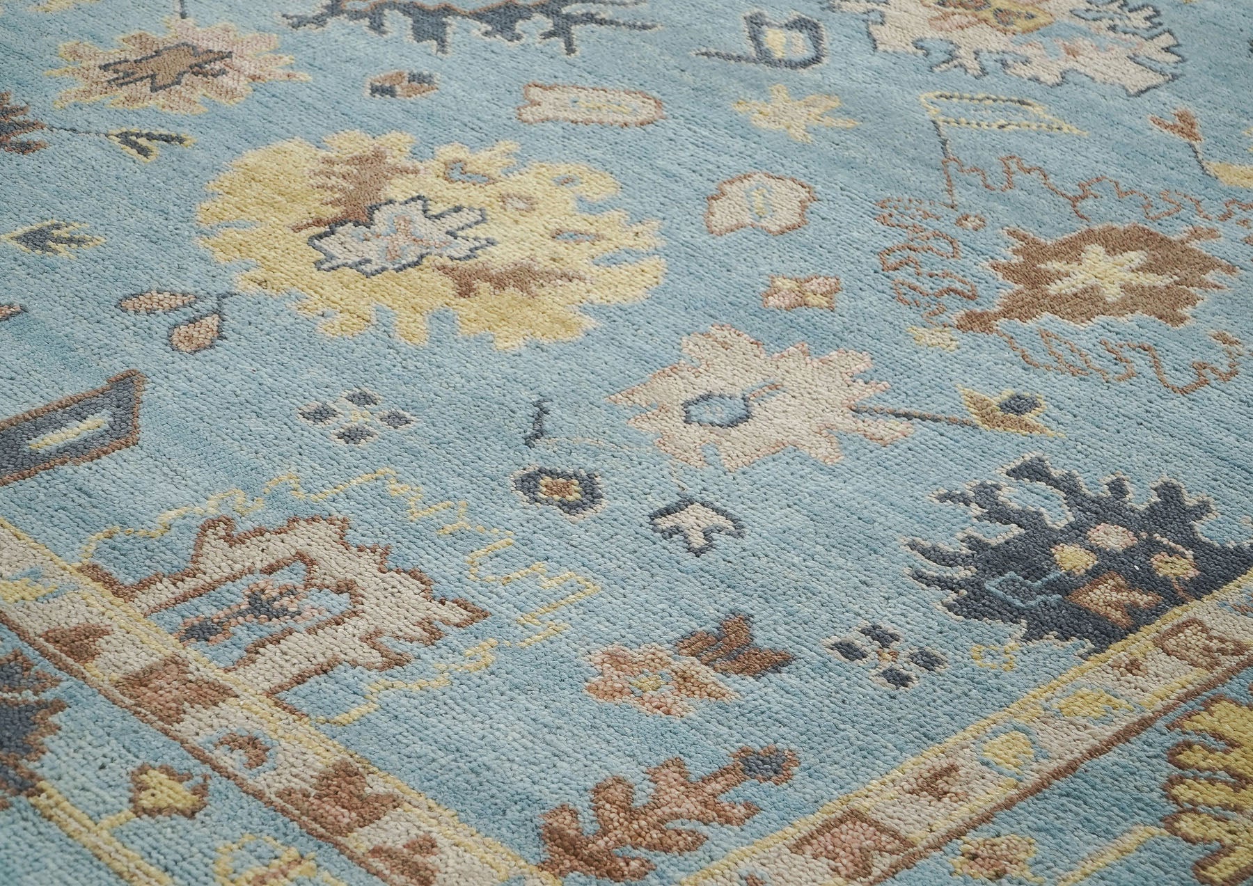 9x12 Blue, Beige, Light Gold Color Hand Knotted Oushak Wool Arts and Crafts Oriental Rug