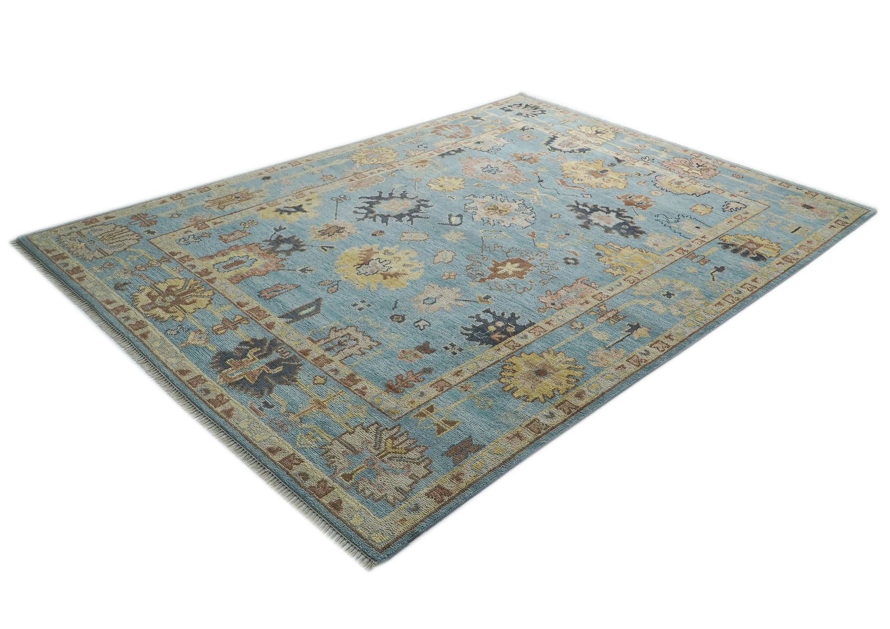 9x12 Blue, Beige, Light Gold Color Hand Knotted Oushak Wool Arts and Crafts Oriental Rug