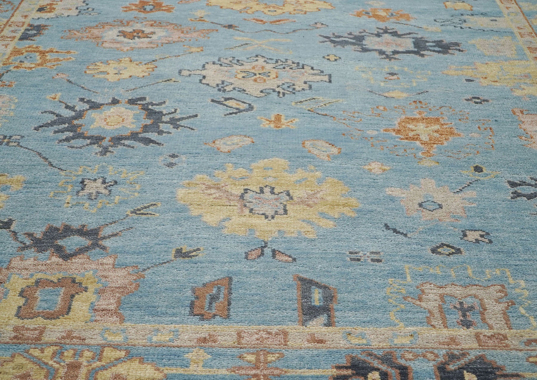 9x12 Blue, Light Gold, Rose Color Hand Knotted Oushak Wool Arts and Crafts Oriental Rug