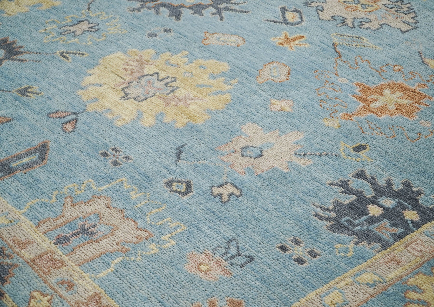 9x12 Blue, Light Gold, Rose Color Hand Knotted Oushak Wool Arts and Crafts Oriental Rug