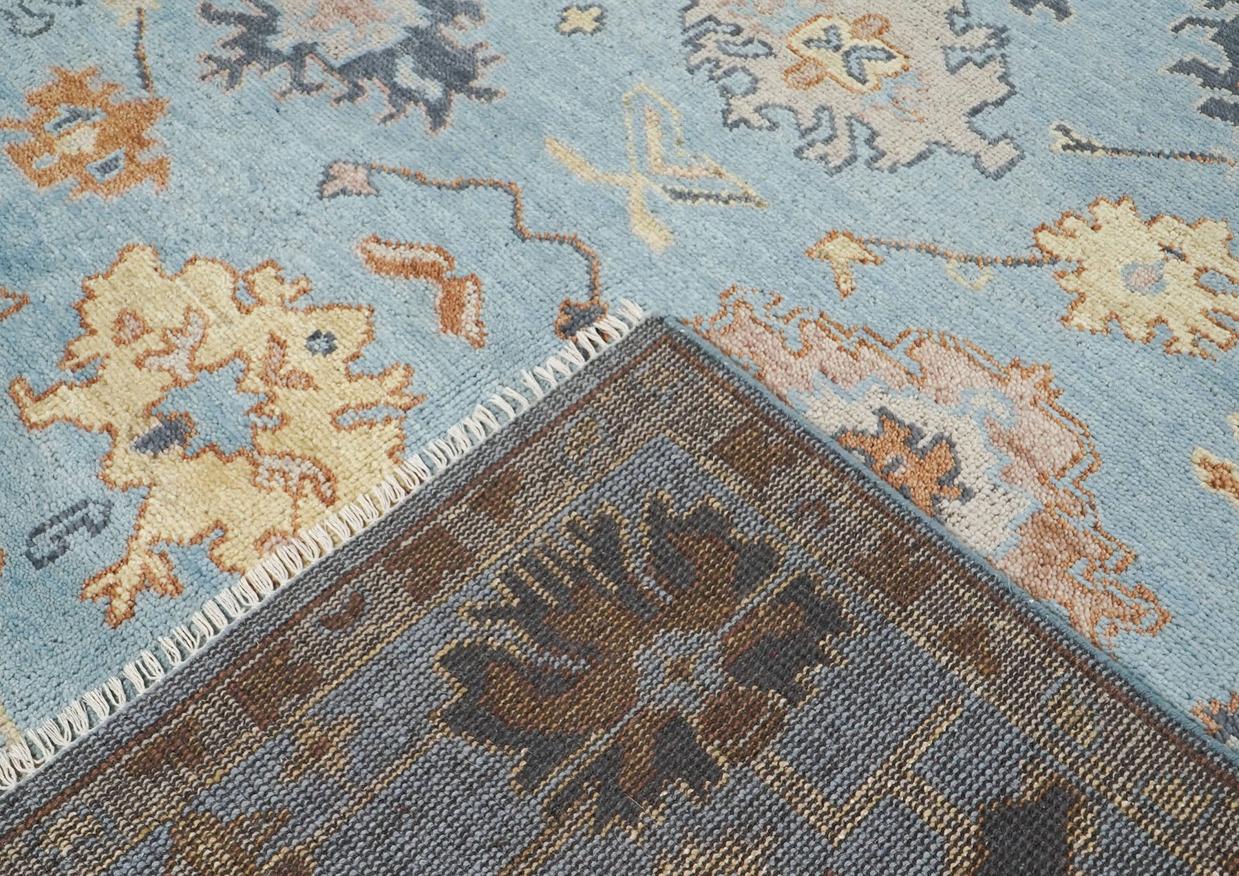 9x12 Blue, Light Gold, Rose Color Hand Knotted Oushak Wool Arts and Crafts Oriental Rug